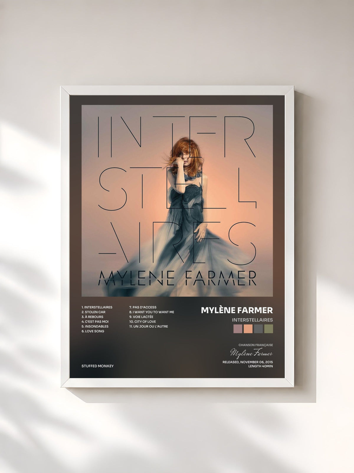 #blanc Tableau de l'album Interstellaires de Mylène Farmer, cadre blanc, imprimé et encadré en France