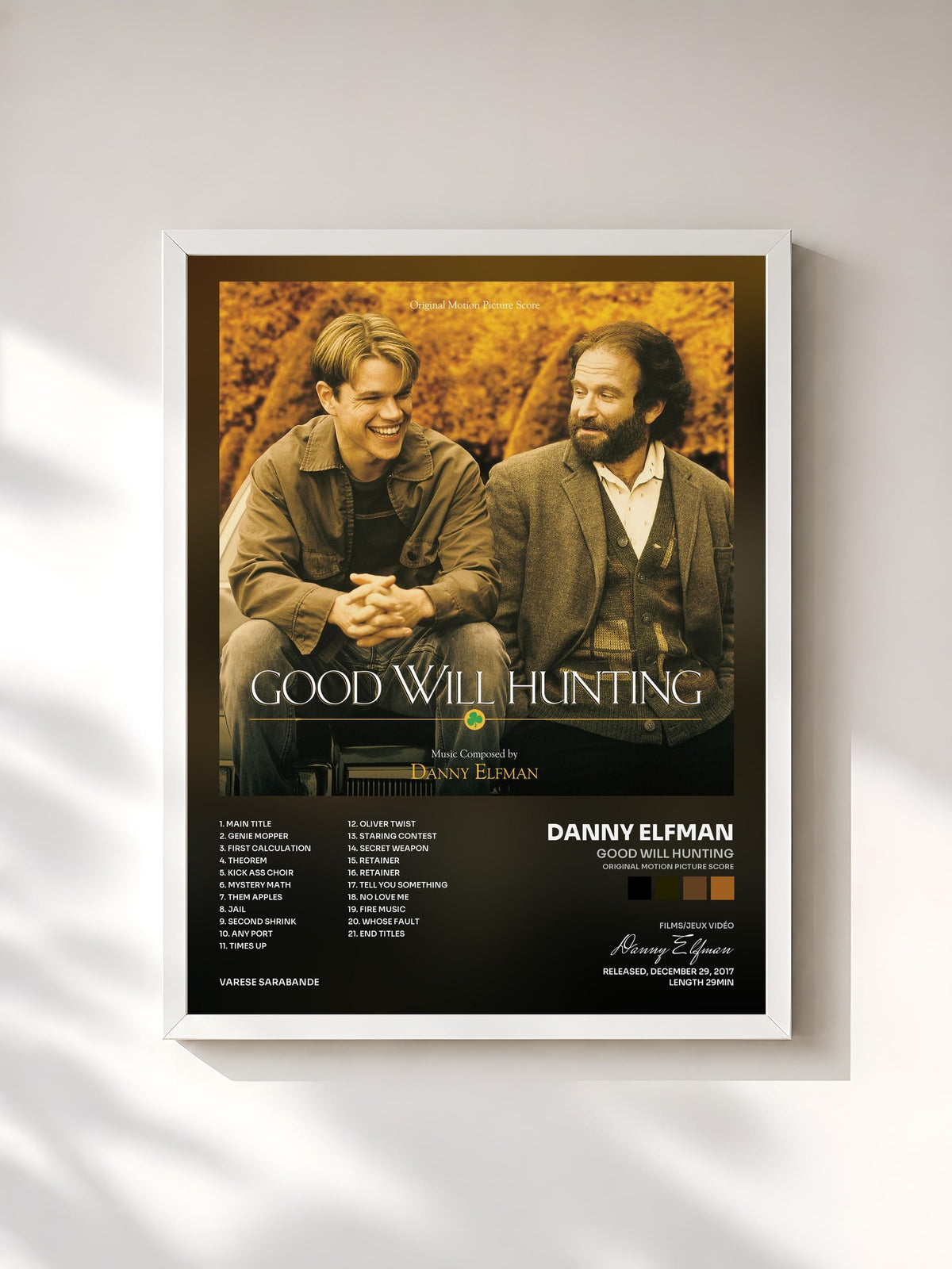 #blanc Tableau de l'album Good Will Hunting (Original Motion Picture Score) de Danny Elfman, cadre blanc, imprimé et encadré en France