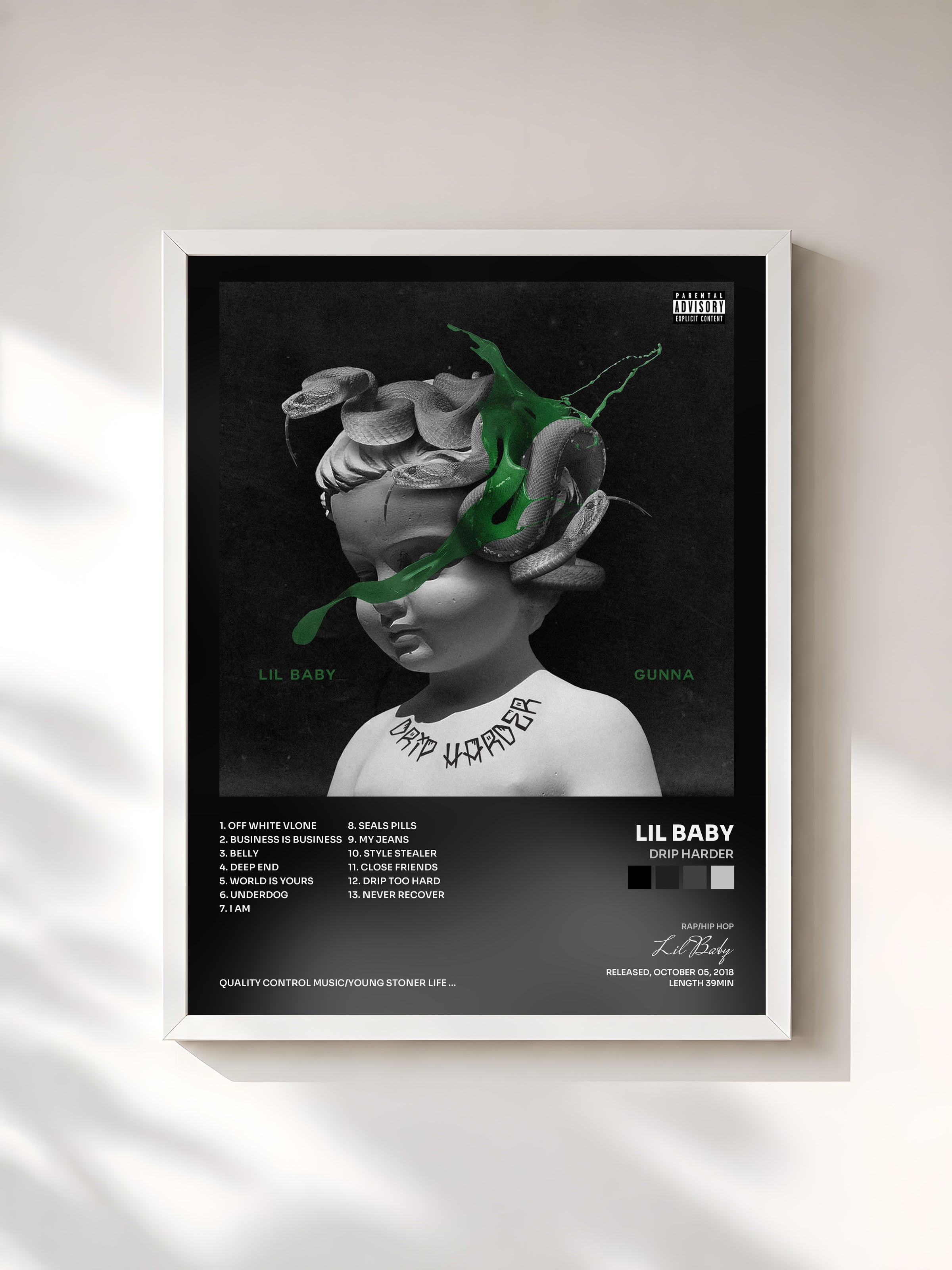 #blanc Drip Harder by Lil Baby as a framed art print, white frame, printed and framed in France
