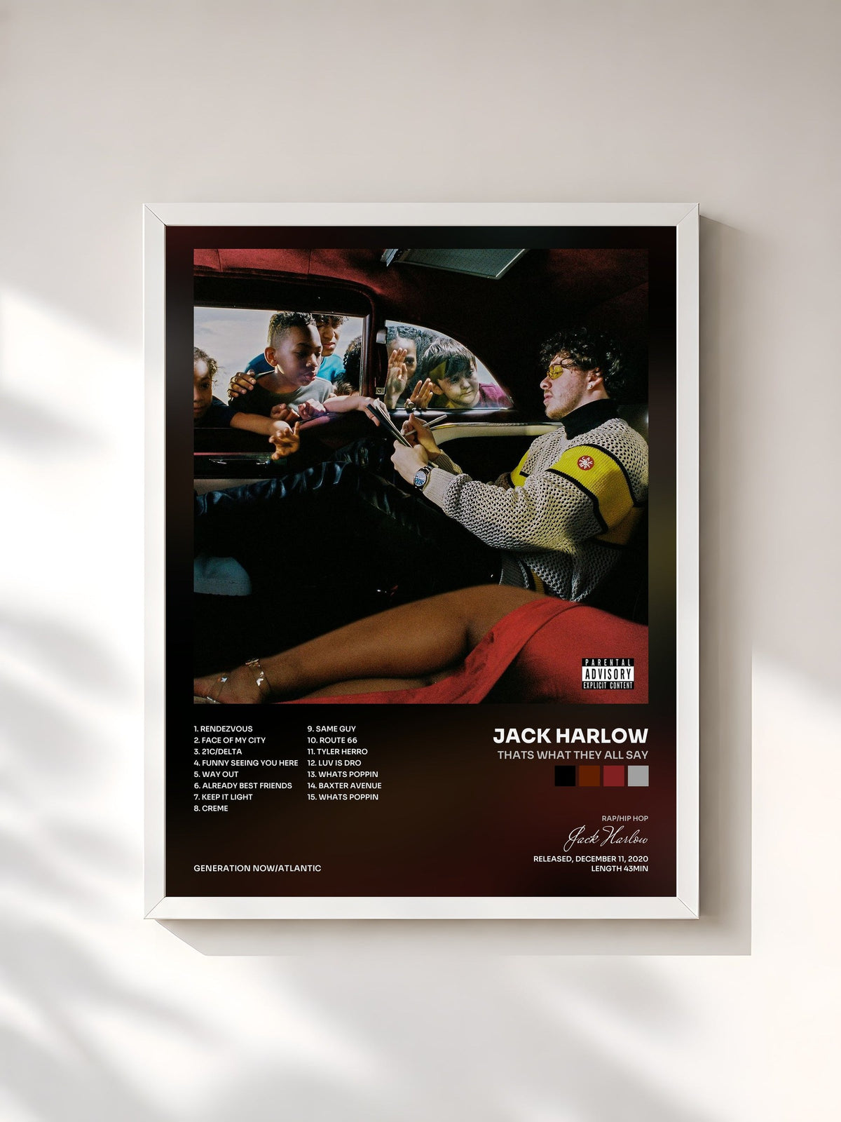 #blanc Thats What They All Say de Jack Harlow en lámina enmarcada, marco blanco, impresa y enmarcada en Francia