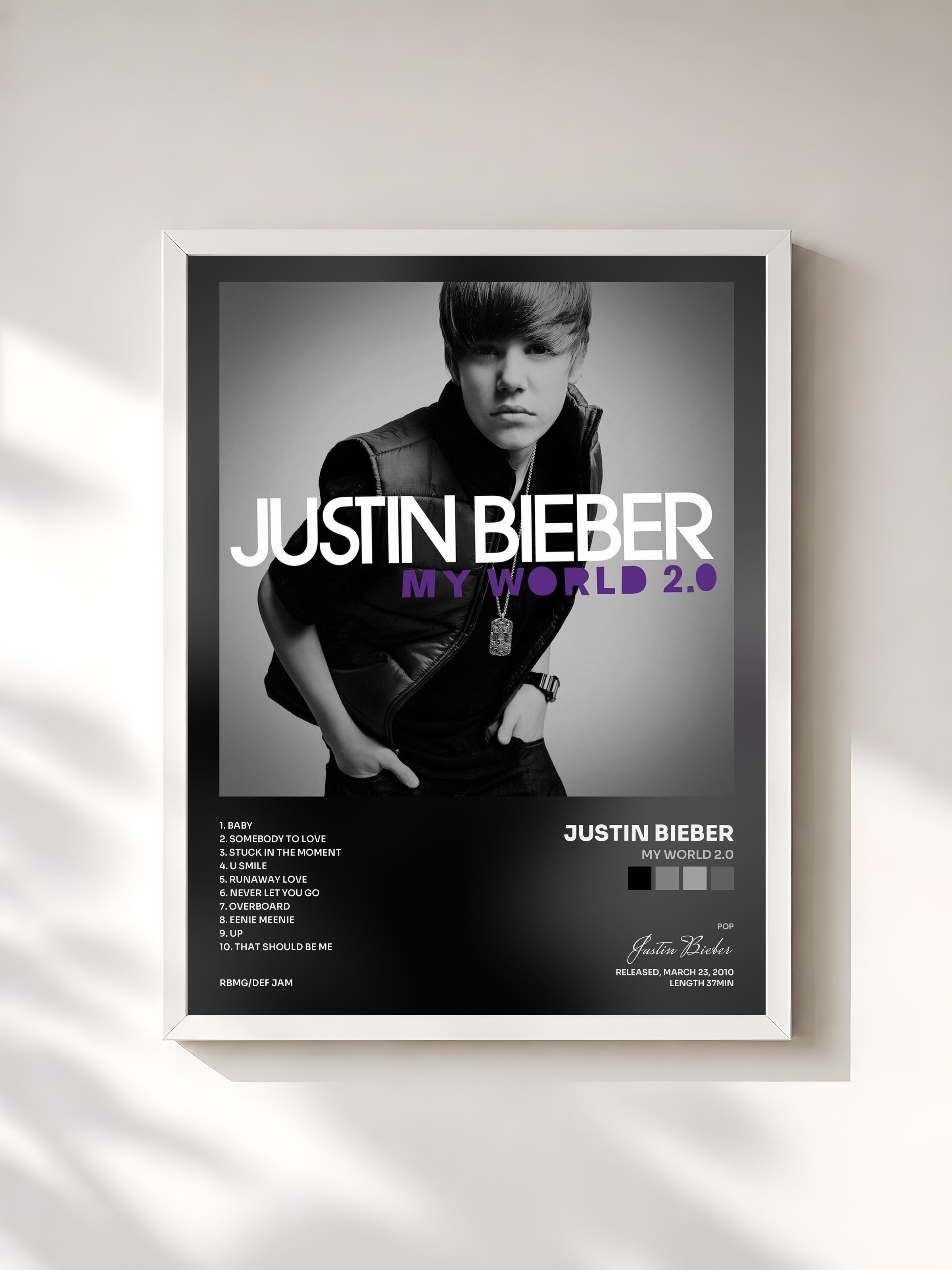 #blanc Tableau de l'album My World 2.0 de Justin Bieber, cadre blanc, imprimé et encadré en France