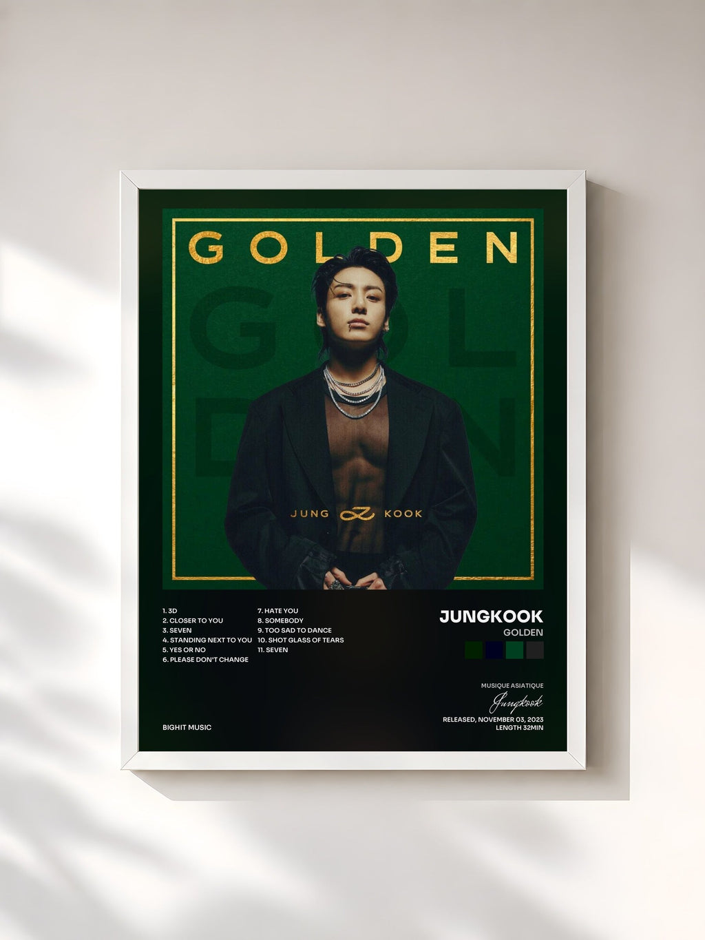 #blanc Tableau de l'album GOLDEN de Jungkook, cadre blanc, imprimé et encadré en France
