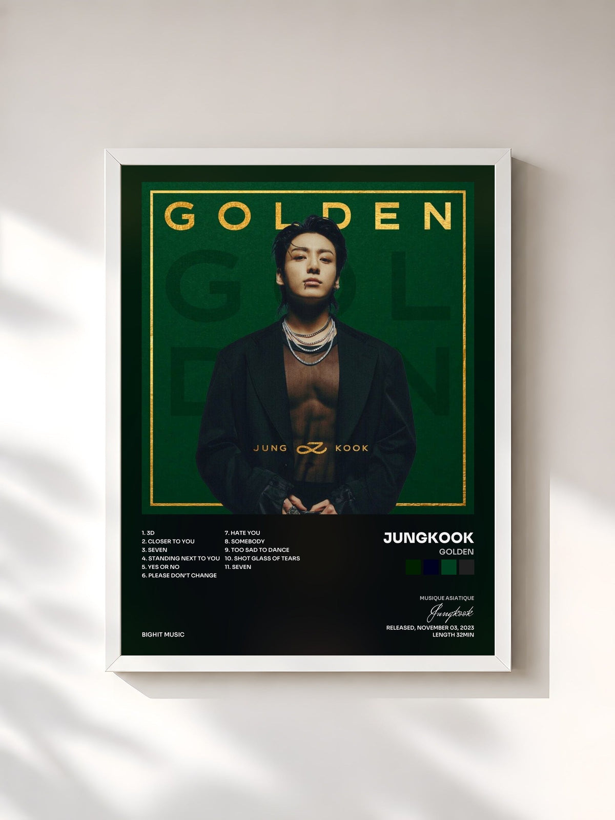 #blanc Tableau de l'album GOLDEN de Jungkook, cadre blanc, imprimé et encadré en France