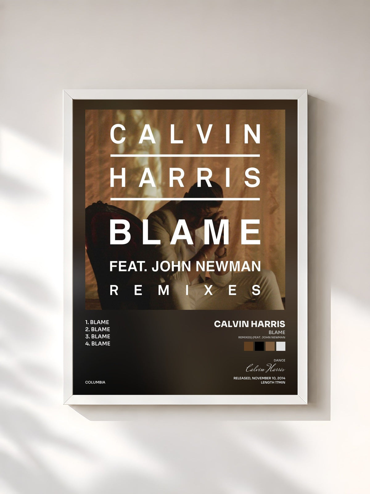 #blanc Tableau de l'album Blame (Remixes) (feat. John Newman) de Calvin Harris, cadre blanc, imprimé et encadré en France