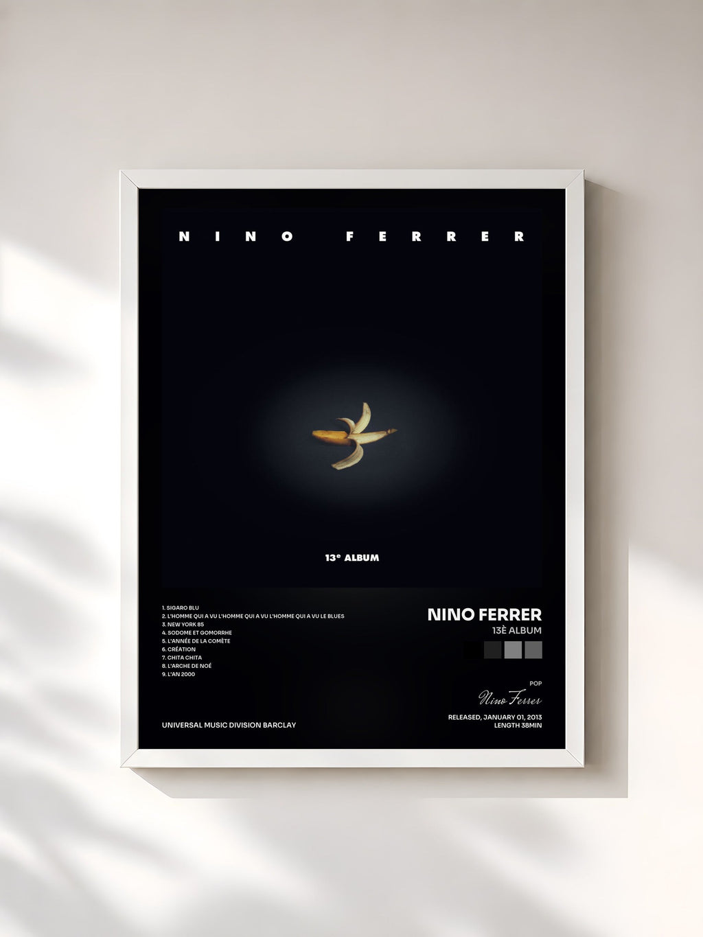 #blanc Tableau de l'album 13è album de Nino Ferrer, cadre blanc, imprimé et encadré en France