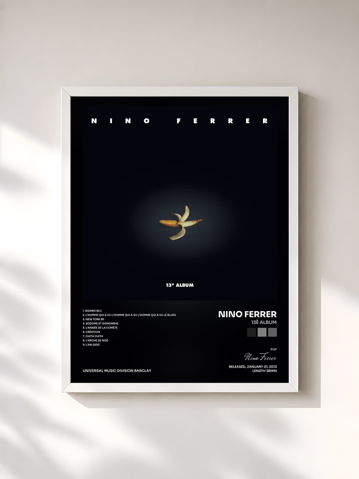 #blanc Tableau de l'album 13è album de Nino Ferrer, cadre blanc, imprimé et encadré en France