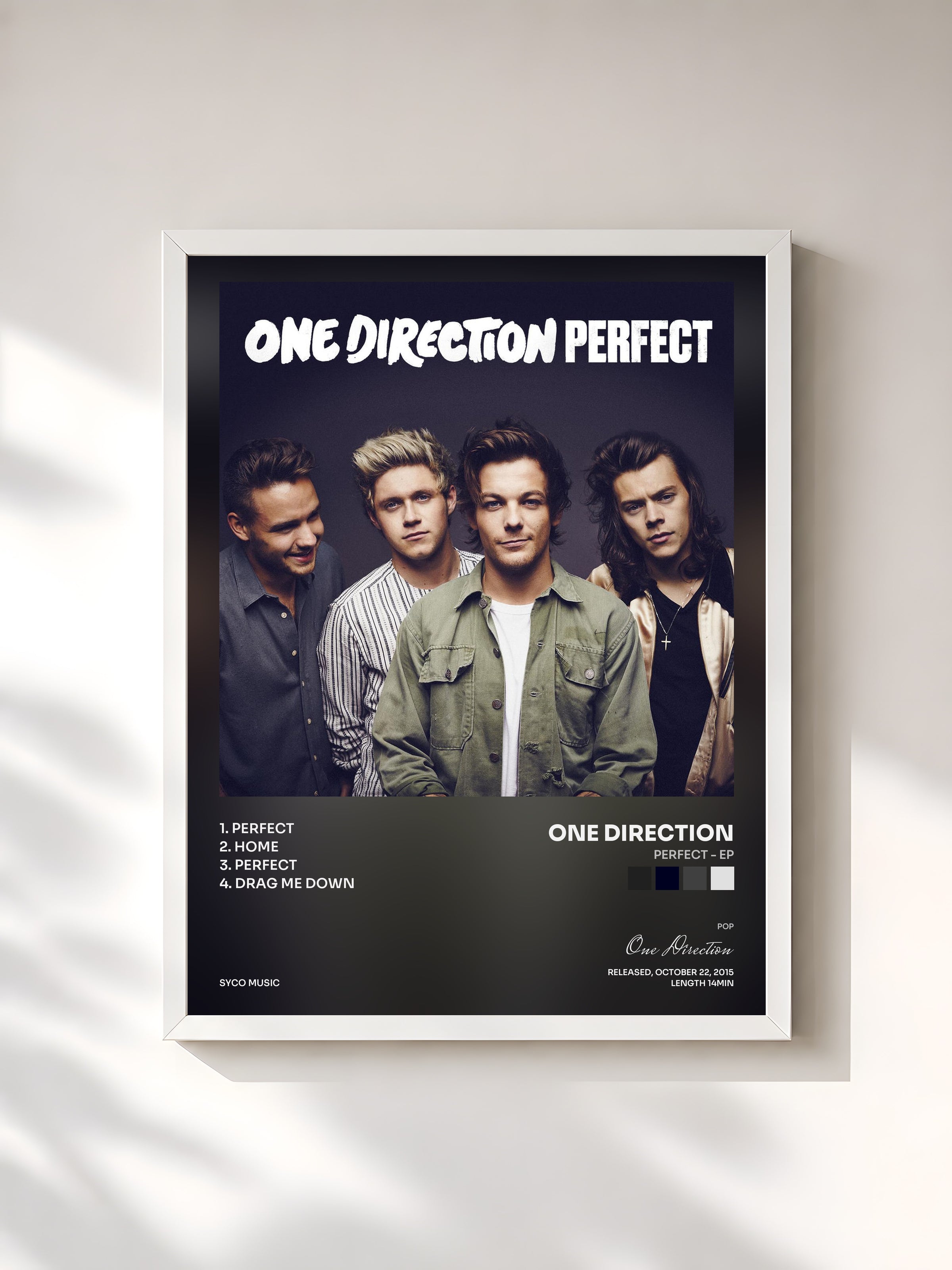 #blanc Tableau de l'album Perfect - EP de One Direction, cadre blanc, imprimé et encadré en France