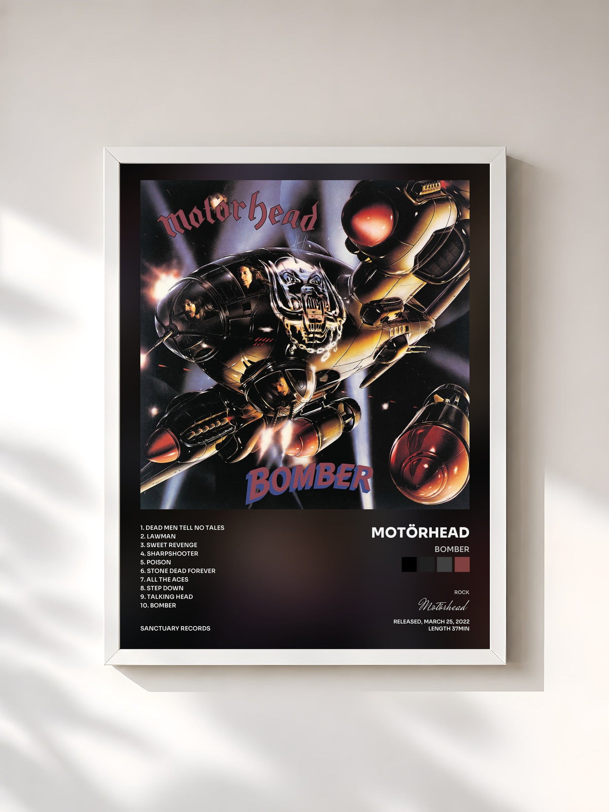 #blanc Tableau de l'album Bomber de Motörhead, cadre blanc, imprimé et encadré en France