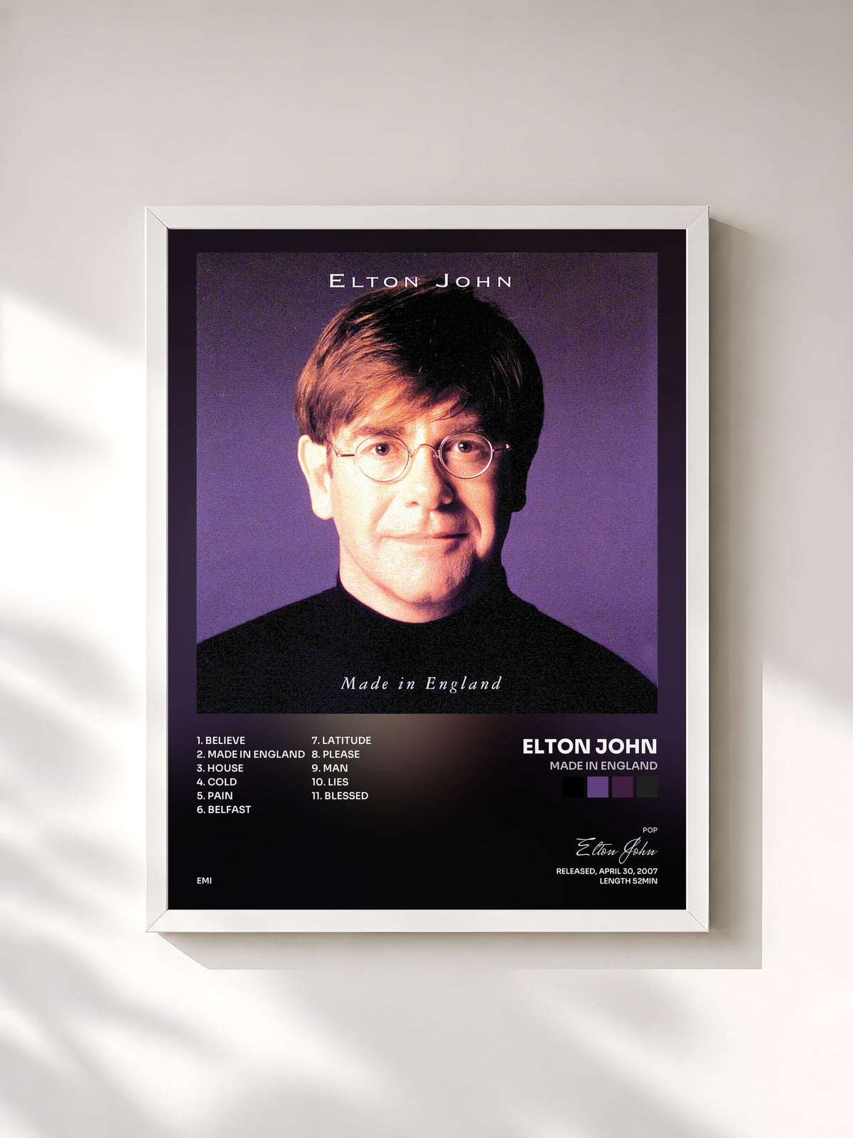 #blanc Tableau de l'album Made In England de Elton John, cadre blanc, imprimé et encadré en France