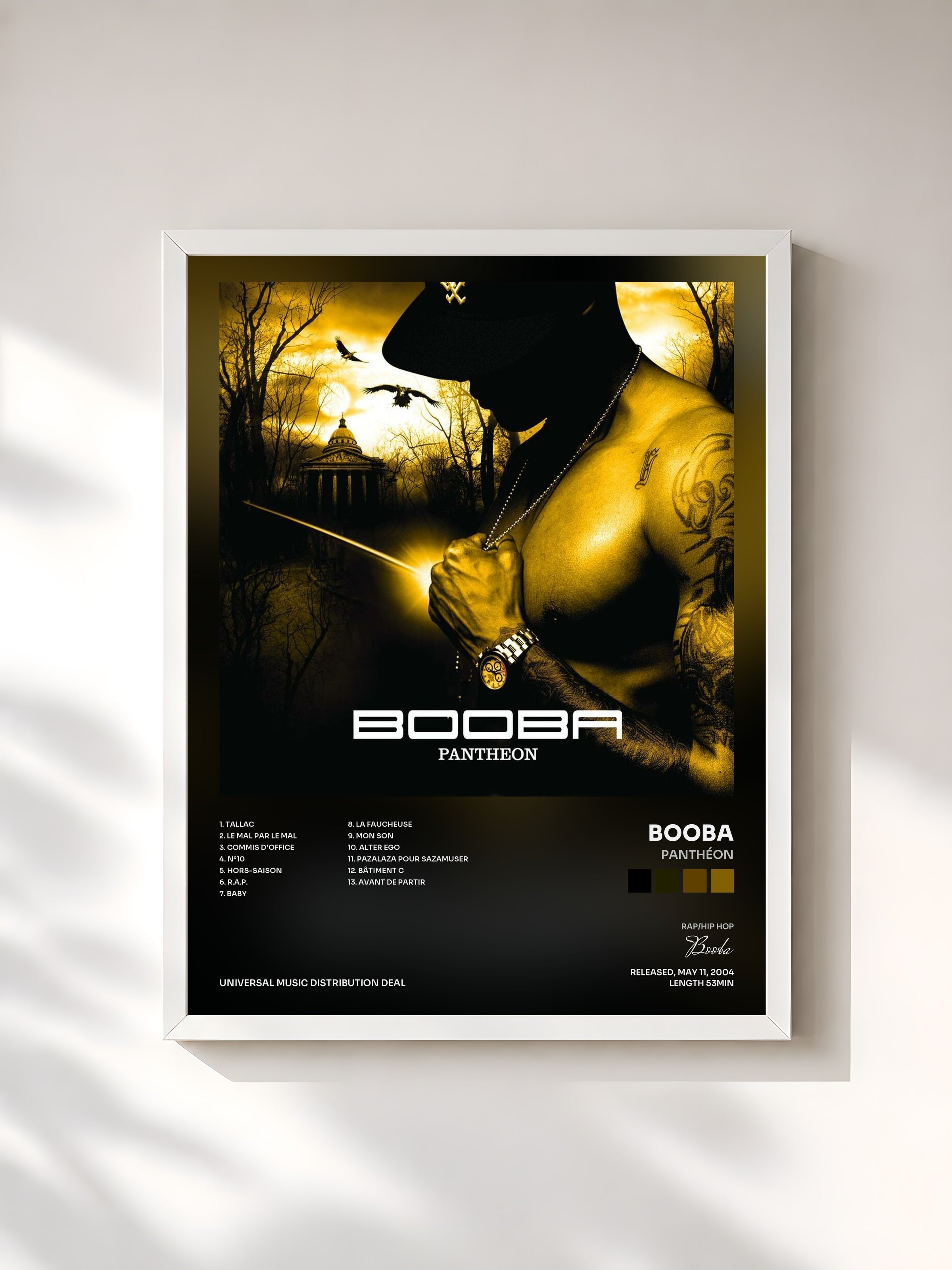 #blanc Tableau de l'album Panthéon de Booba, cadre blanc, imprimé et encadré en France