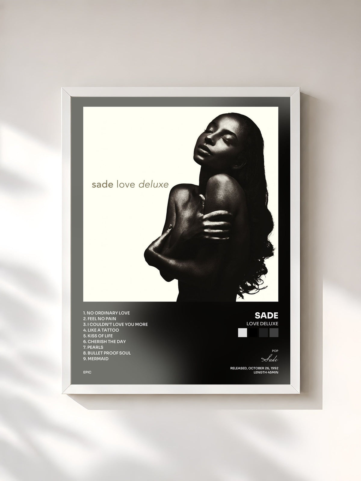 #blanc Tableau de l'album Love Deluxe de Sade, cadre blanc, imprimé et encadré en France