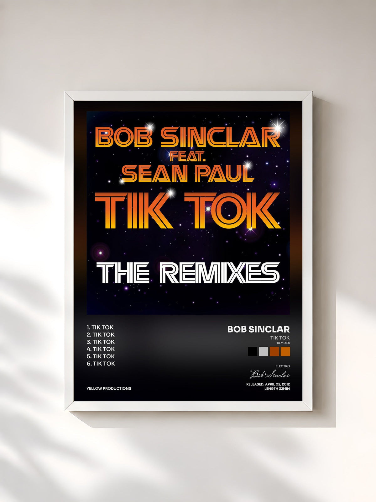 #blanc Tableau de l'album Tik Tok (Remixes) de Bob Sinclar, cadre blanc, imprimé et encadré en France