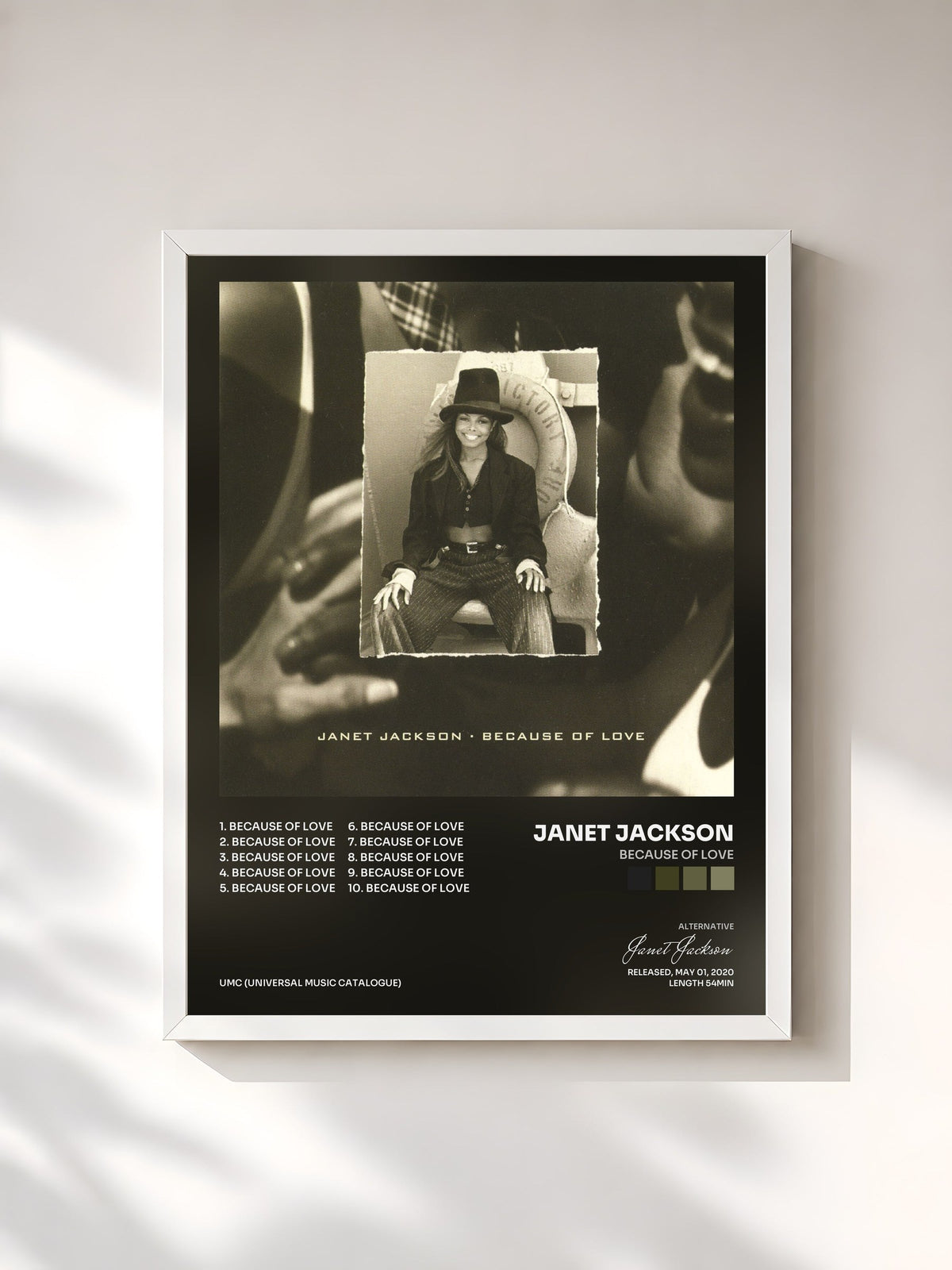 #blanc Tableau de l'album Because Of Love de Janet Jackson, cadre blanc, imprimé et encadré en France