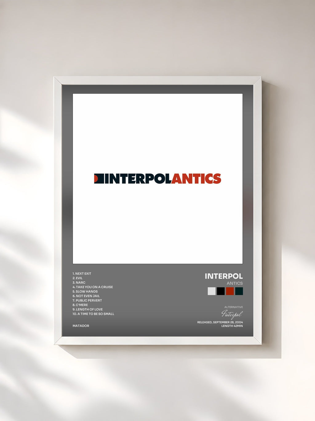 #blanc Tableau de l'album Antics de Interpol, cadre blanc, imprimé et encadré en France