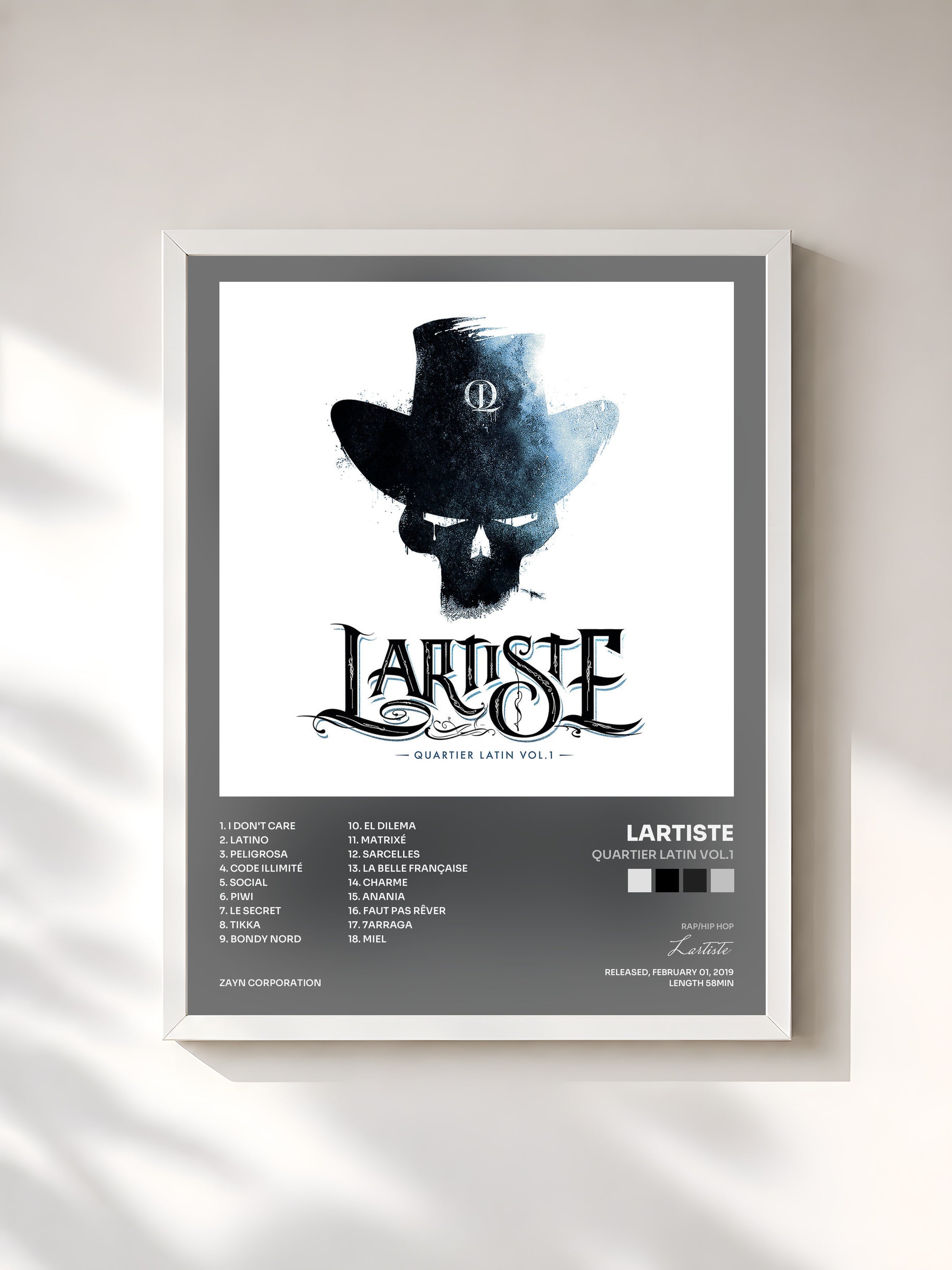 #blanc Tableau de l'album QUARTIER LATIN VOL.1 de Lartiste, cadre blanc, imprimé et encadré en France