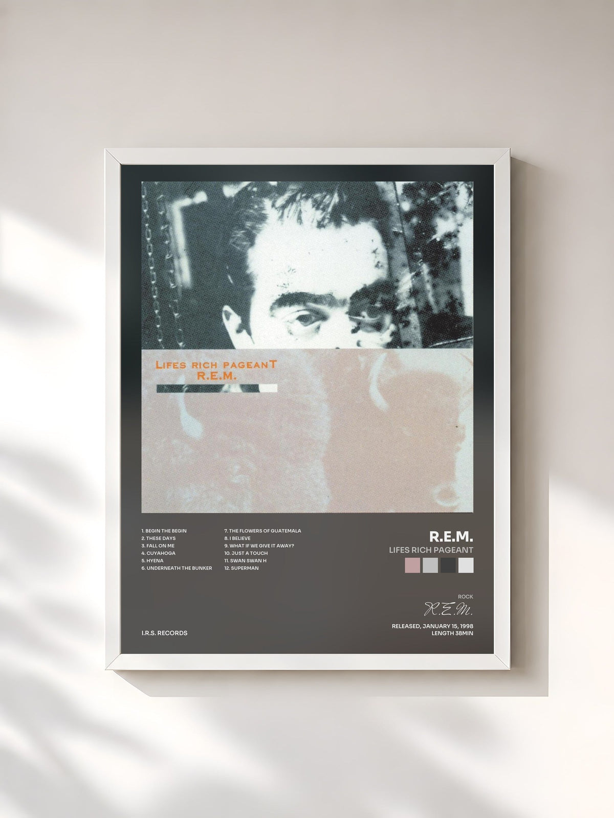 #blanc Tableau de l'album Lifes Rich Pageant de R.E.M., cadre blanc, imprimé et encadré en France