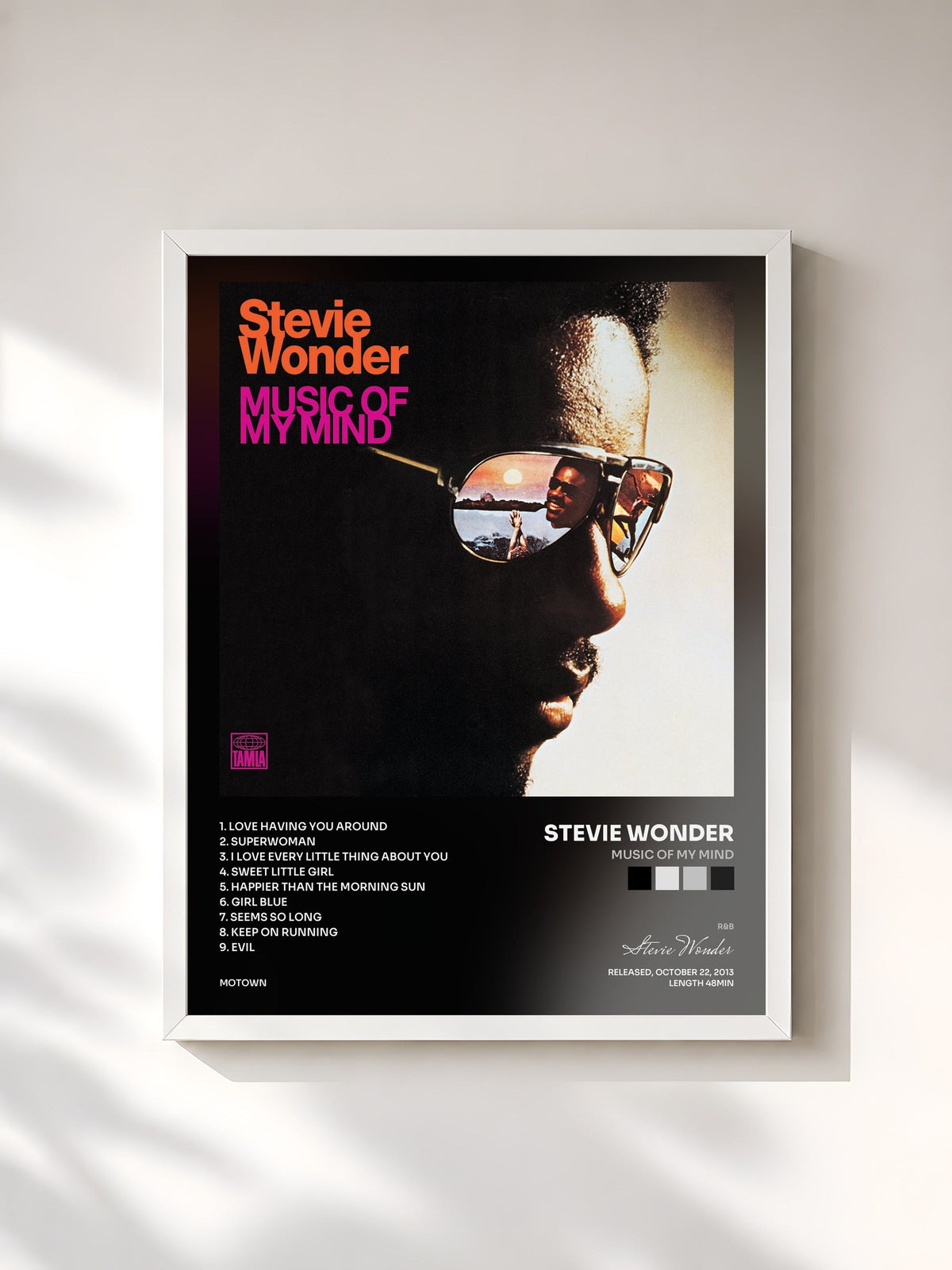 #blanc Tableau de l'album Music Of My Mind de Stevie Wonder, cadre blanc, imprimé et encadré en France
