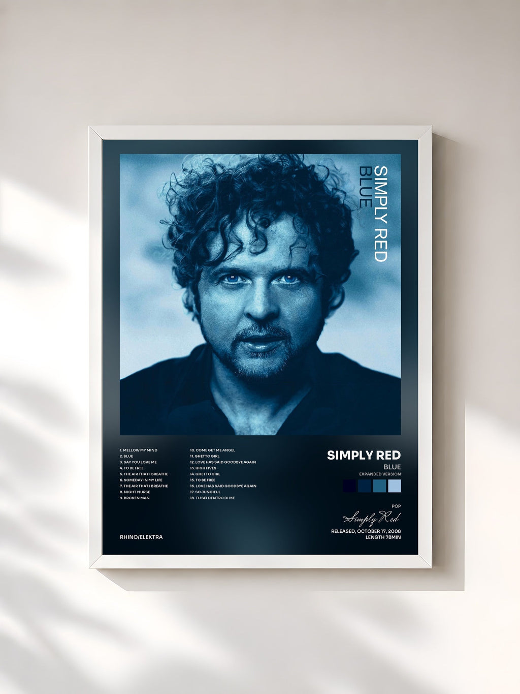 #blanc Blue (Expanded Version) de Simply Red en lámina enmarcada, marco blanco, impresa y enmarcada en Francia