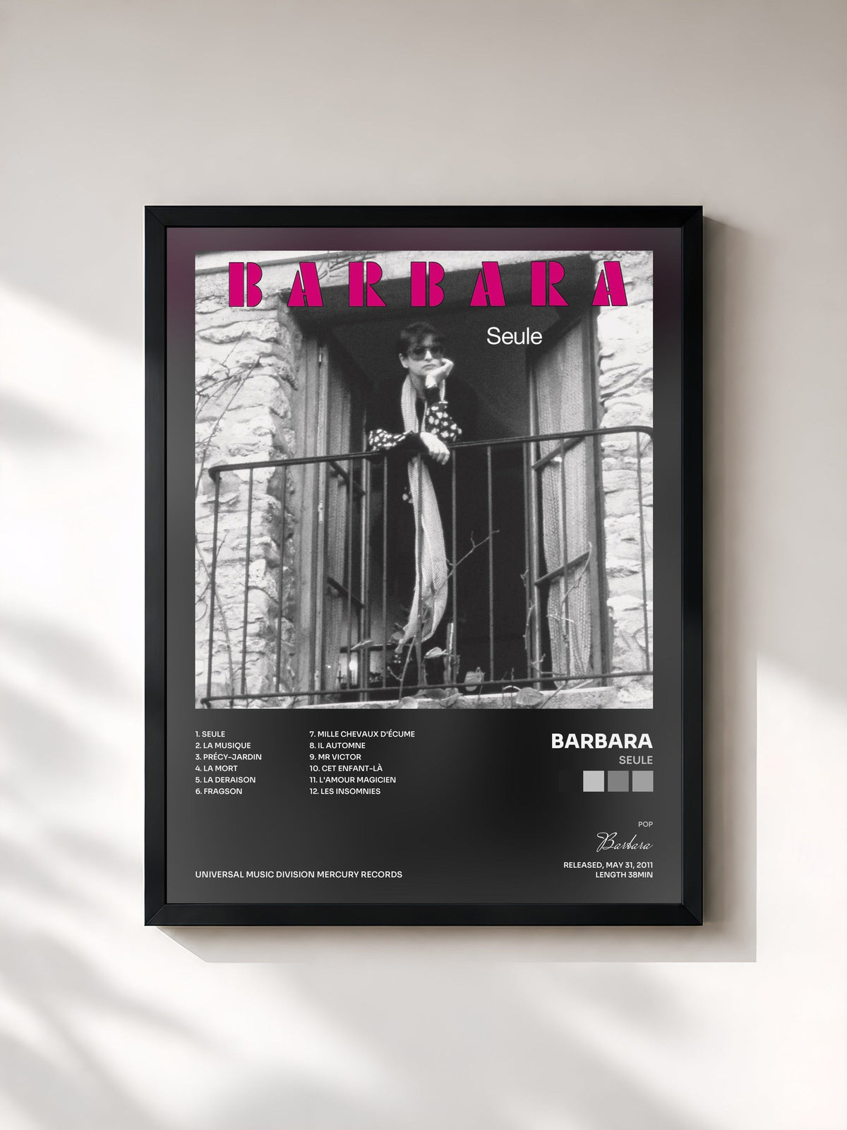 #noir Tableau de l'album Seule de Barbara, cadre noir, imprimé et encadré en France