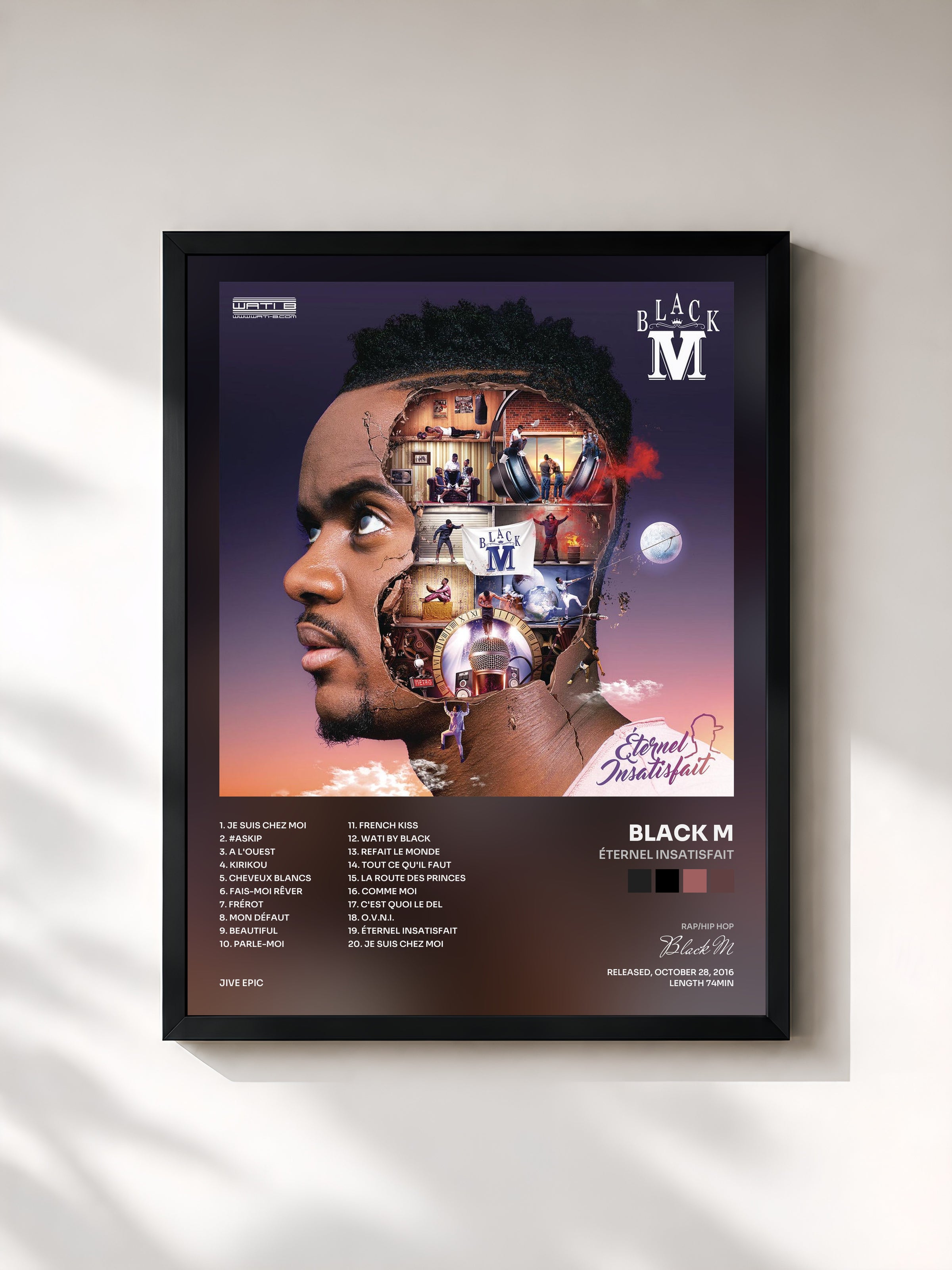 #noir Tableau de l'album Éternel insatisfait de Black M, cadre noir, imprimé et encadré en France