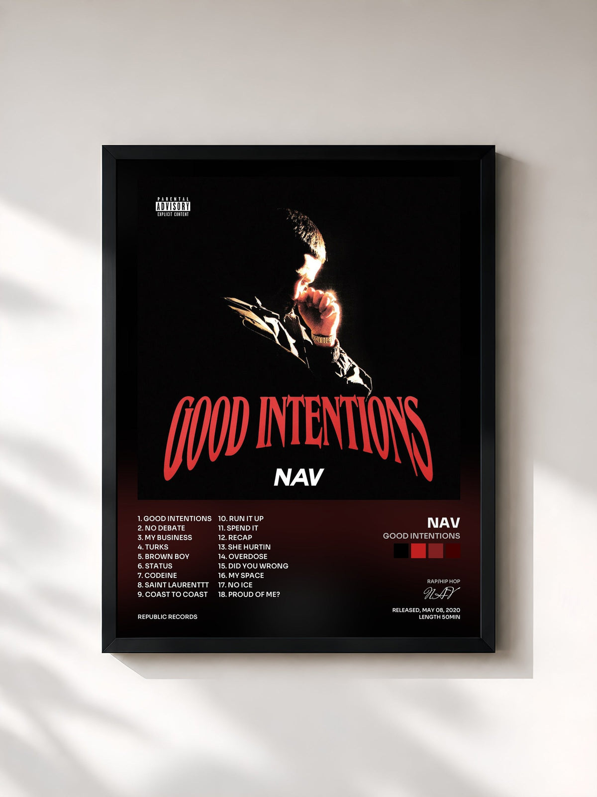 #noir Tableau de l'album Good Intentions de NAV, cadre noir, imprimé et encadré en France