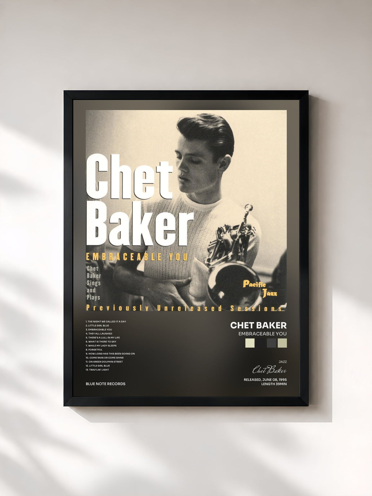 #noir Tableau de l'album Embraceable You de Chet Baker, cadre noir, imprimé et encadré en France