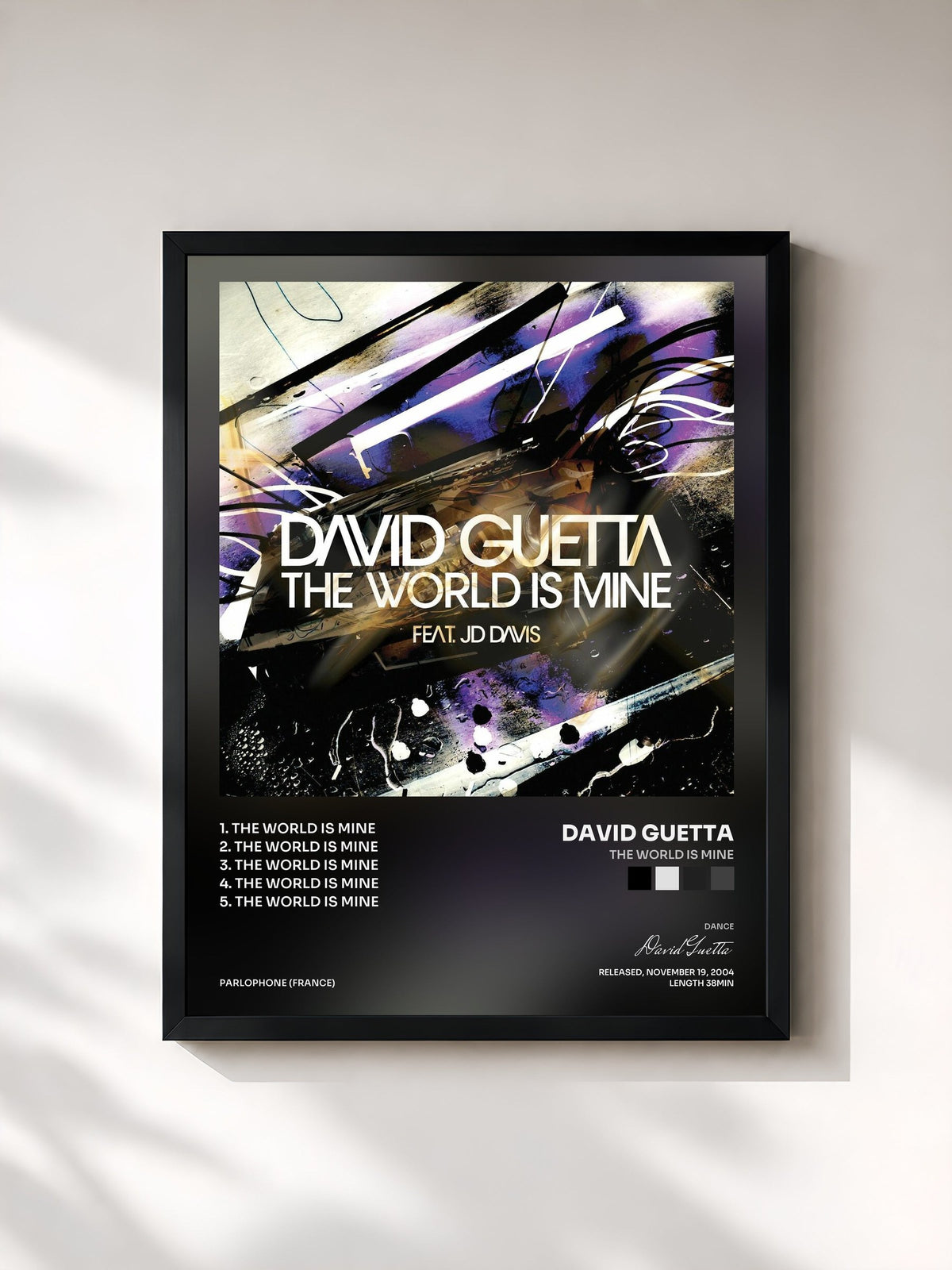 #noir Tableau de l'album The World Is Mine de David Guetta, cadre noir, imprimé et encadré en France