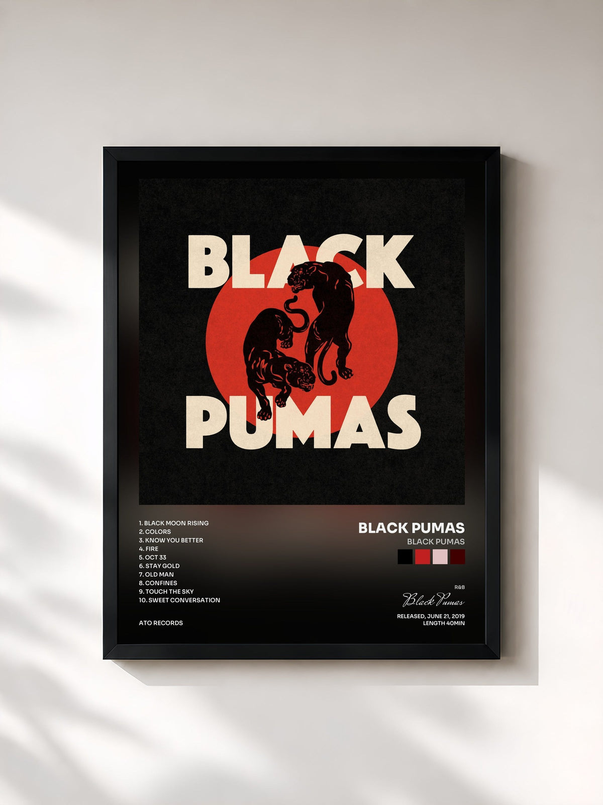 #noir Tableau de l'album Black Pumas de Black Pumas, cadre noir, imprimé et encadré en France