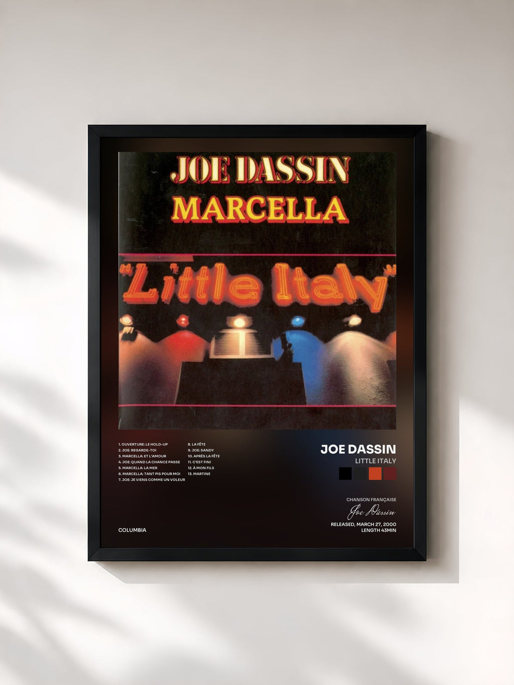 #noir Tableau de l'album Little Italy de Joe Dassin, cadre noir, imprimé et encadré en France