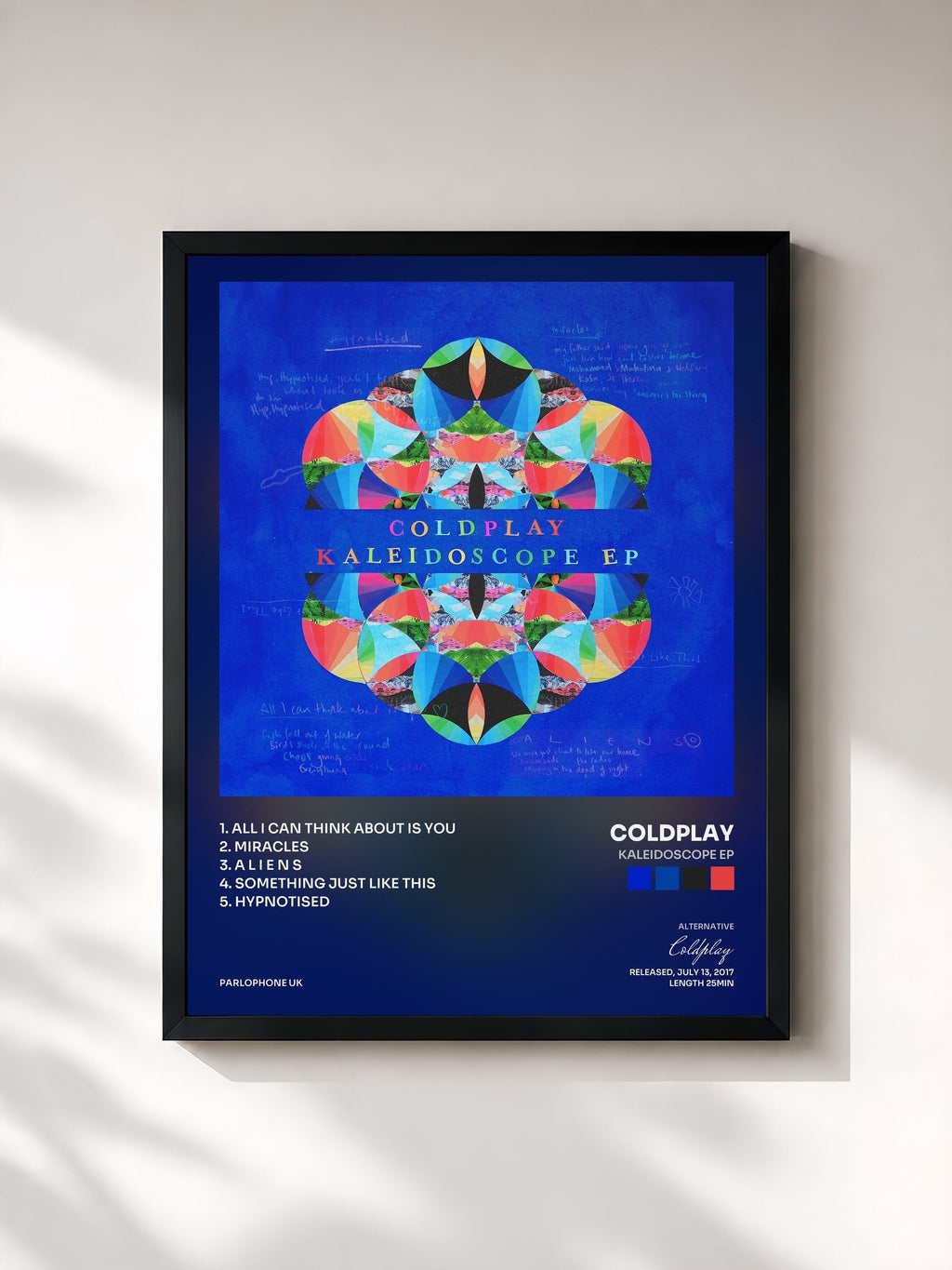 #noir Tableau de l'album Kaleidoscope EP de Coldplay, cadre noir, imprimé et encadré en France