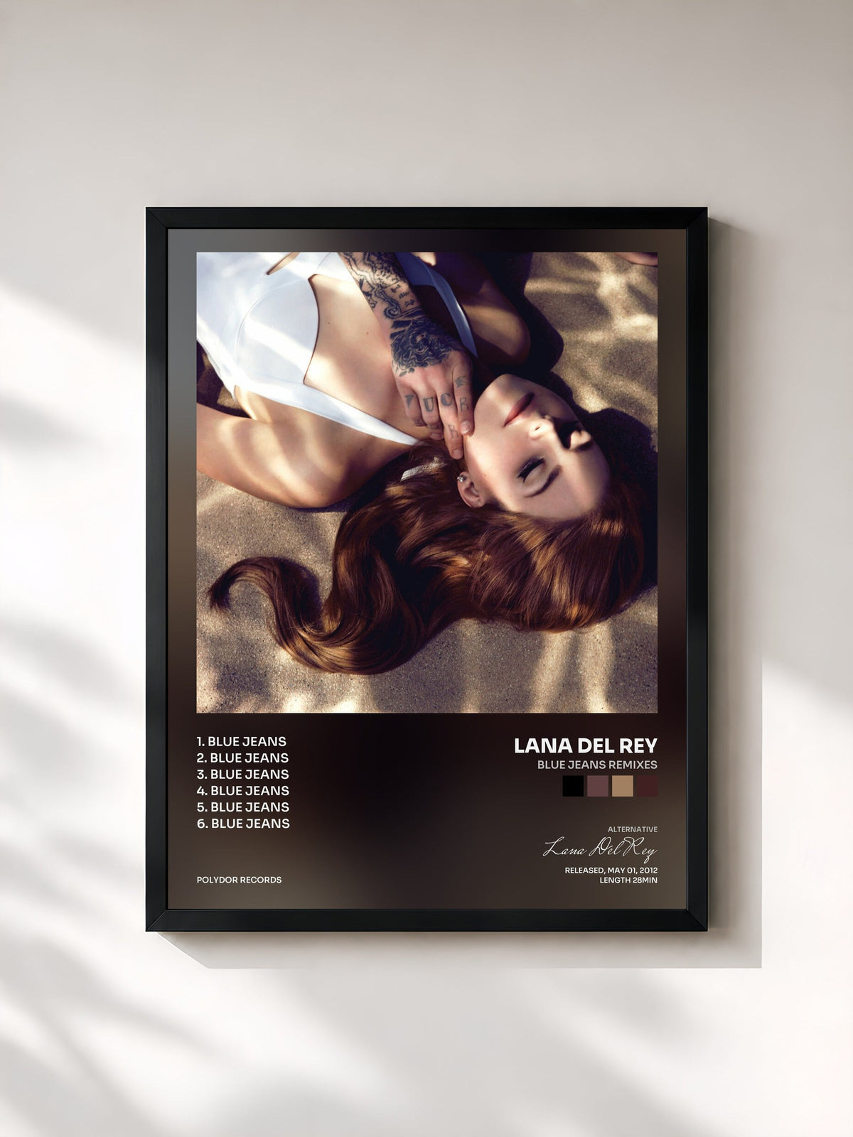 #noir Tableau de l'album Blue Jeans Remixes de Lana Del Rey, cadre noir, imprimé et encadré en France