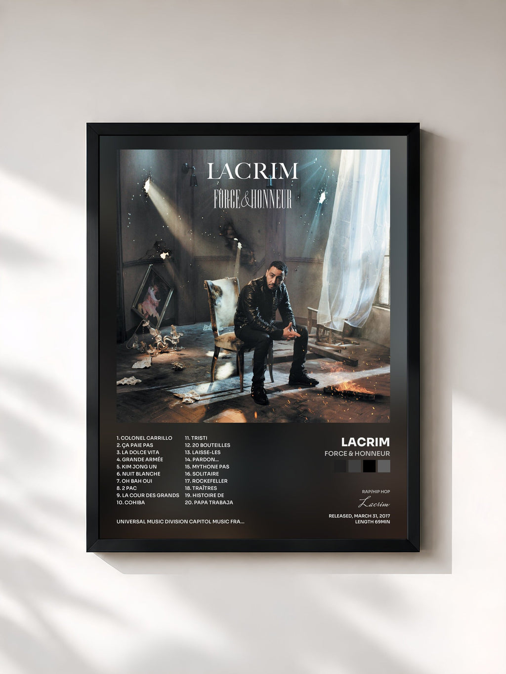 #noir Tableau de l'album Force & Honneur de Lacrim, cadre noir, imprimé et encadré en France