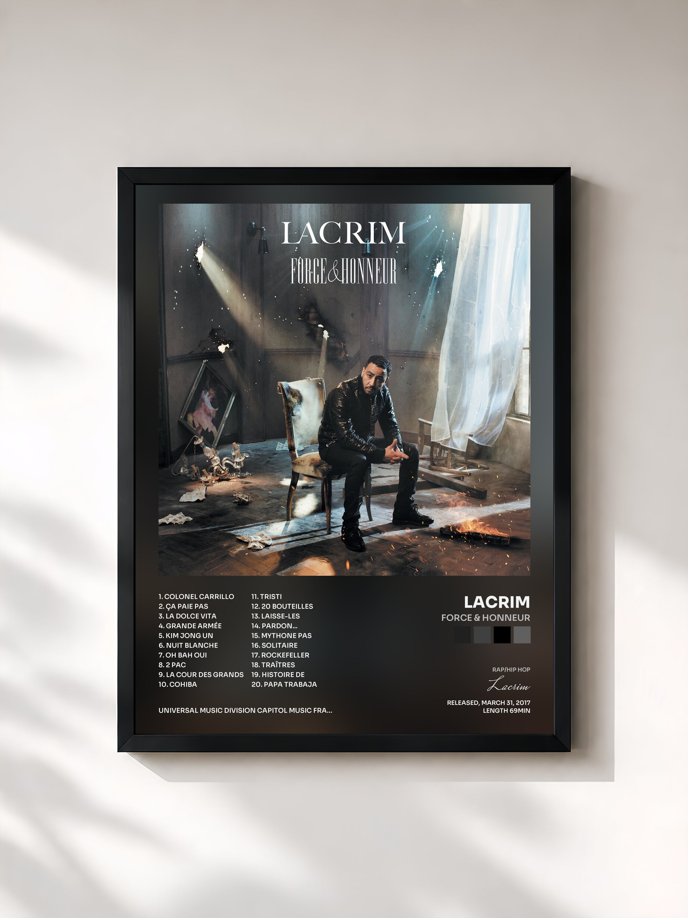 #noir Tableau de l'album Force & Honneur de Lacrim, cadre noir, imprimé et encadré en France