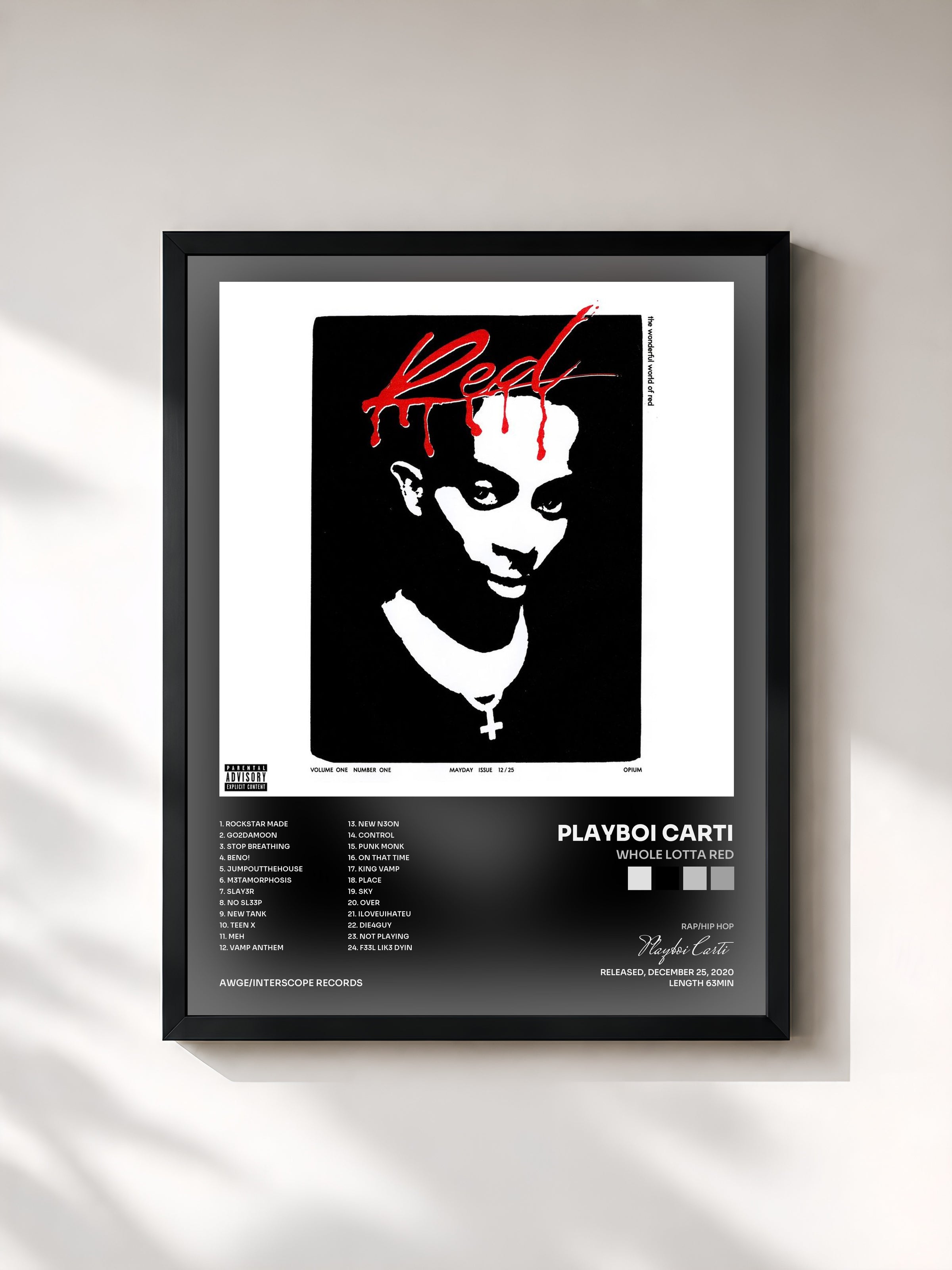 #noir Whole Lotta Red by Playboi Carti as a framed art print, black frame, printed and framed in France