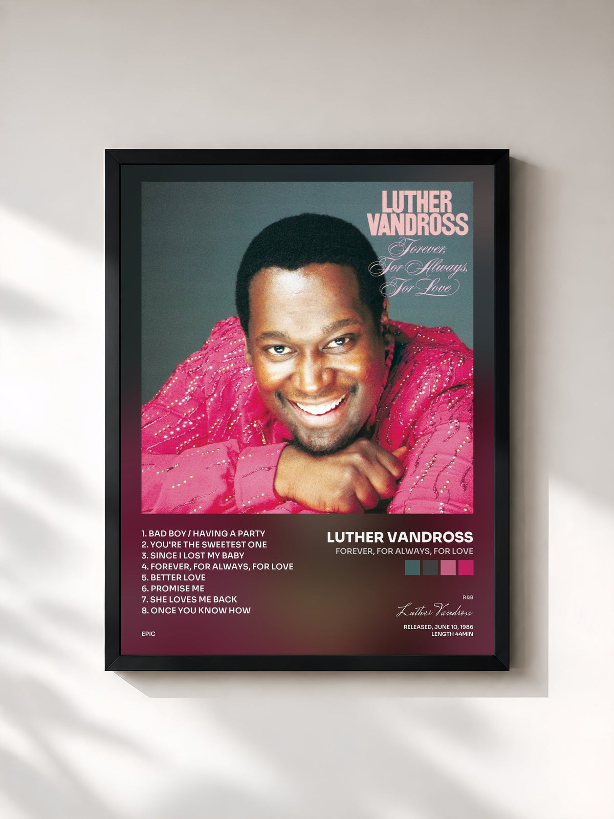 #noir Tableau de l'album Forever, For Always, For Love de Luther Vandross, cadre noir, imprimé et encadré en France