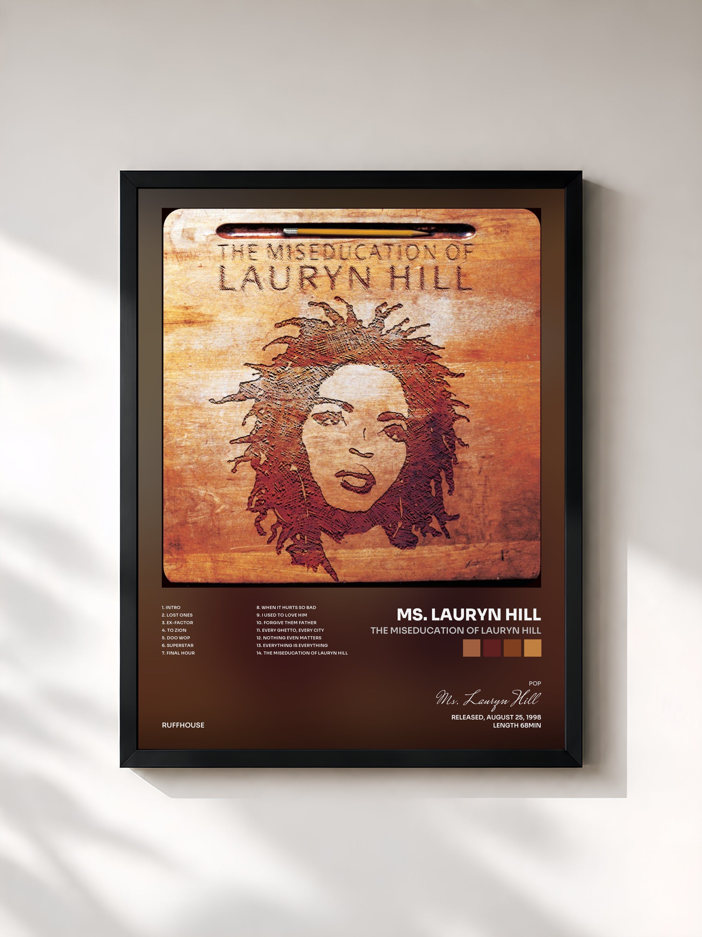 #noir Tableau de l'album The Miseducation of Lauryn Hill de Ms. Lauryn Hill, cadre noir, imprimé et encadré en France