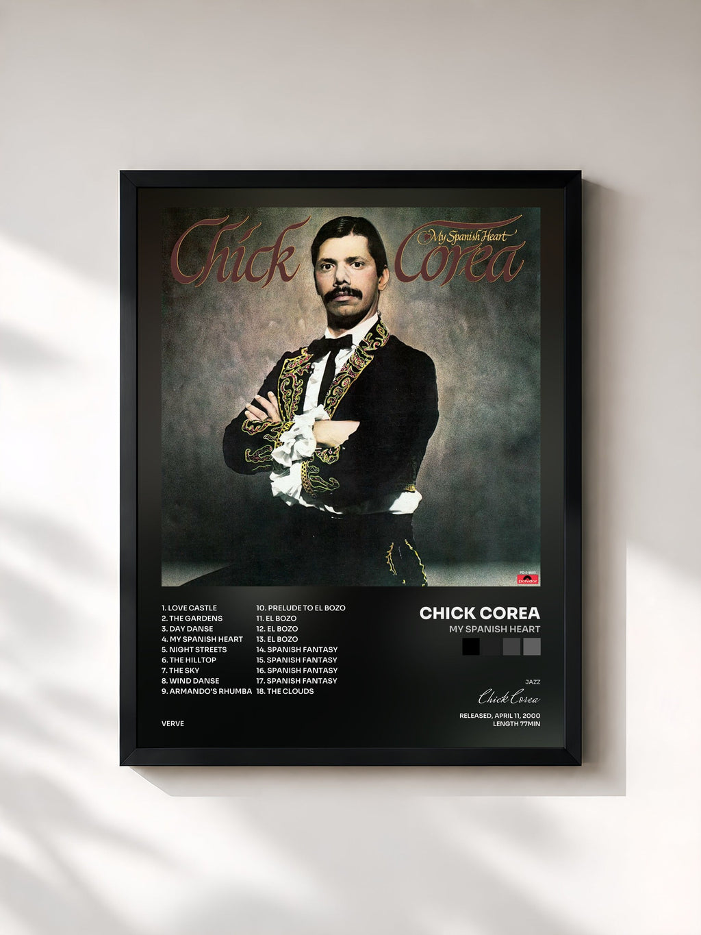 #noir Tableau de l'album My Spanish Heart de Chick Corea, cadre noir, imprimé et encadré en France