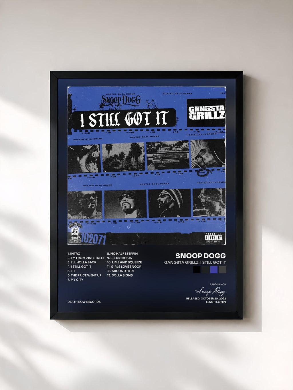 #noir Tableau de l'album Gangsta Grillz: I Still Got It de Snoop Dogg, cadre noir, imprimé et encadré en France