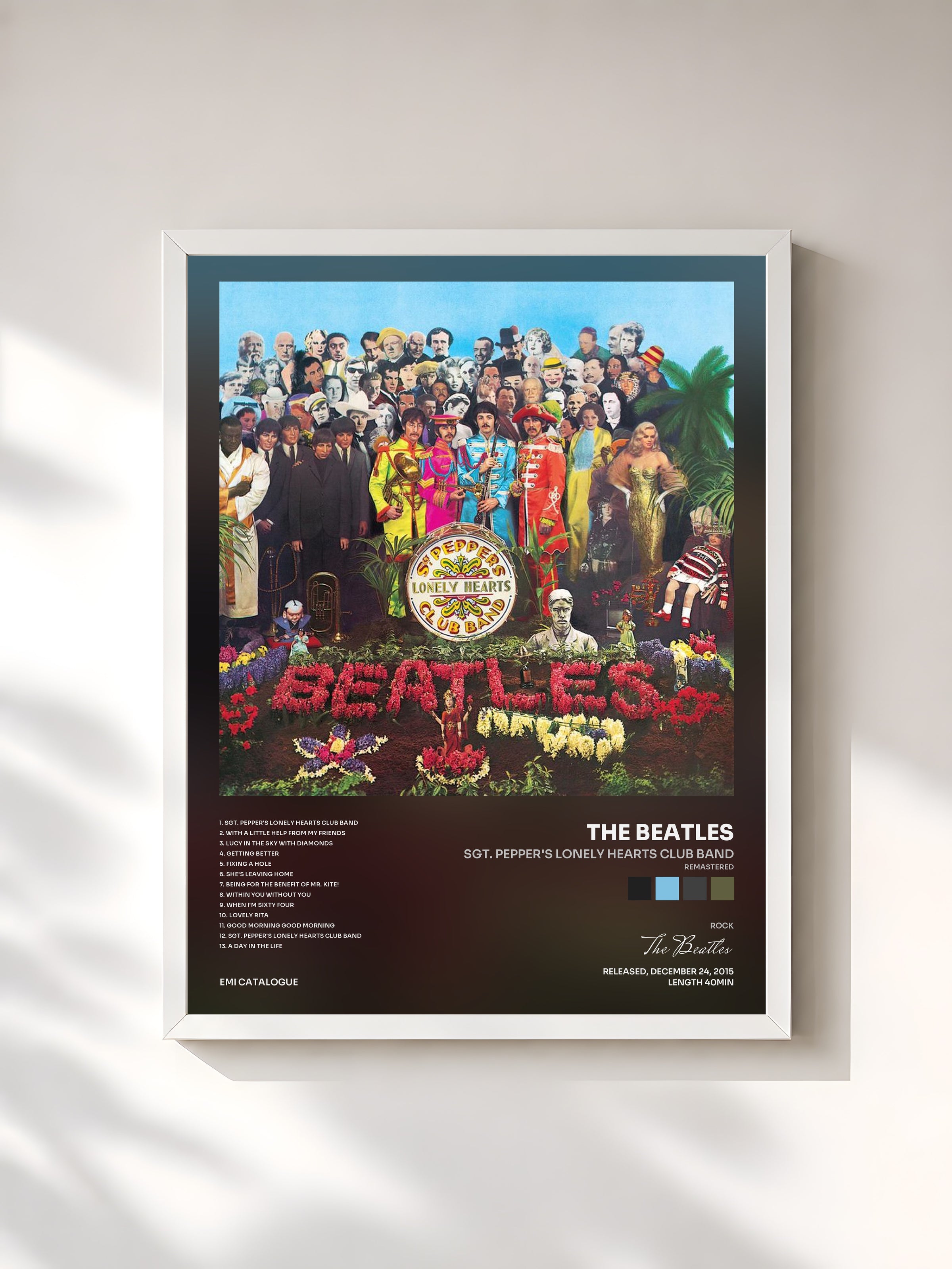 #blanc Tableau de l'album Sgt. Pepper's Lonely Hearts Club Band (Remastered) de The Beatles, cadre blanc, imprimé et encadré en France