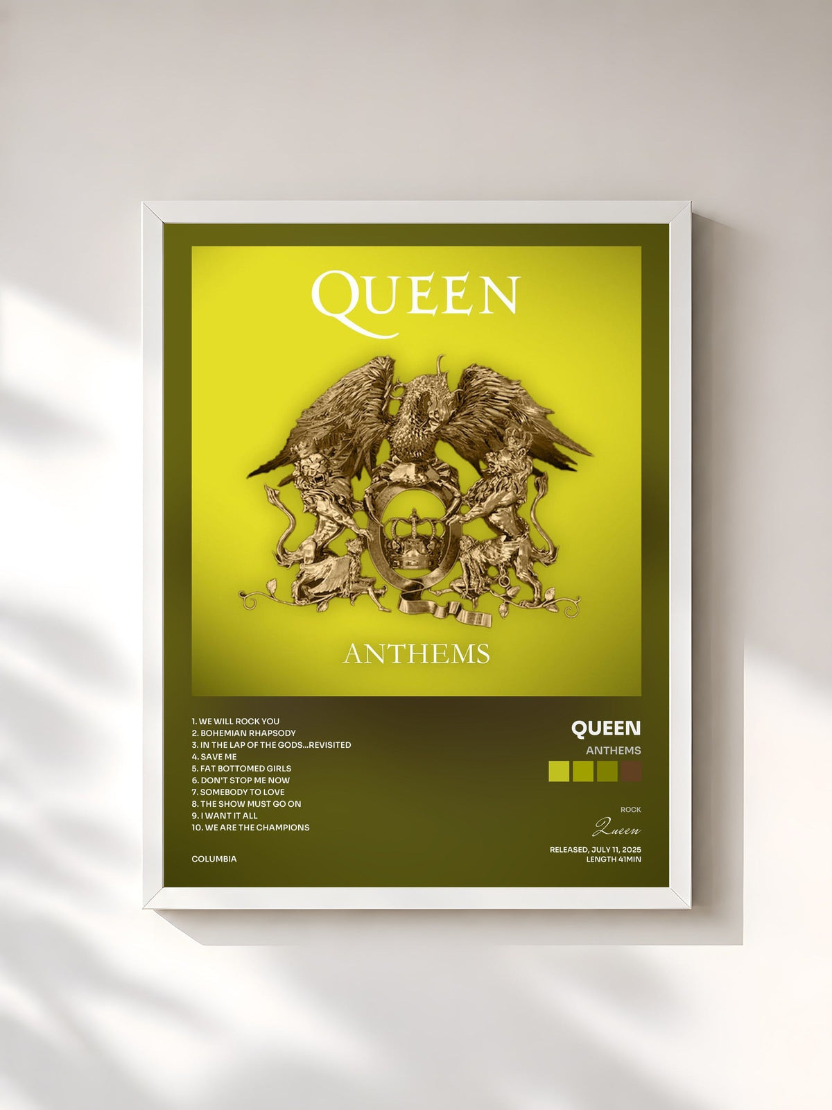 #blanc Tableau de l'album Anthems de Queen, cadre blanc, imprimé et encadré en France