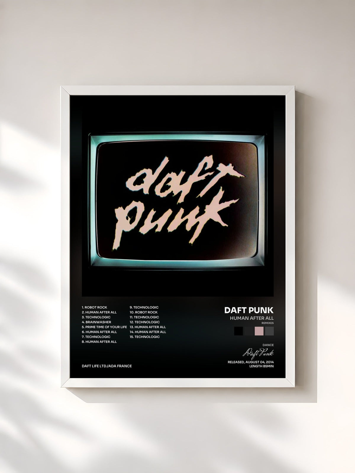 #blanc Tableau de l'album Human After All (Remixes) de Daft Punk, cadre blanc, imprimé et encadré en France