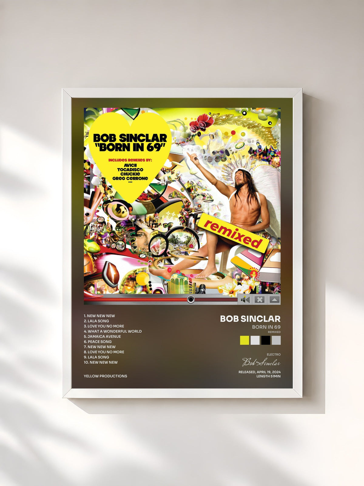 #blanc Tableau de l'album Born in 69 (Remixed) de Bob Sinclar, cadre blanc, imprimé et encadré en France