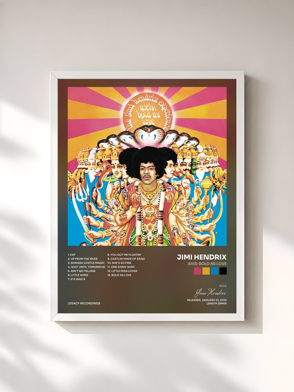 #blanc Tableau de l'album Axis: Bold As Love de Jimi Hendrix, cadre blanc, imprimé et encadré en France