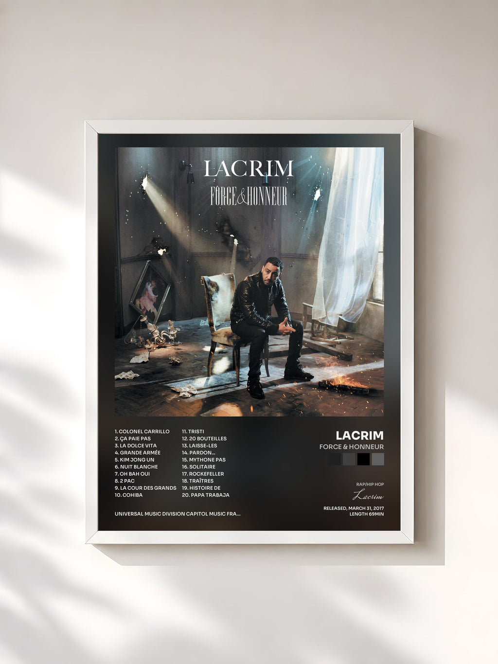 #blanc Tableau de l'album Force & Honneur de Lacrim, cadre blanc, imprimé et encadré en France