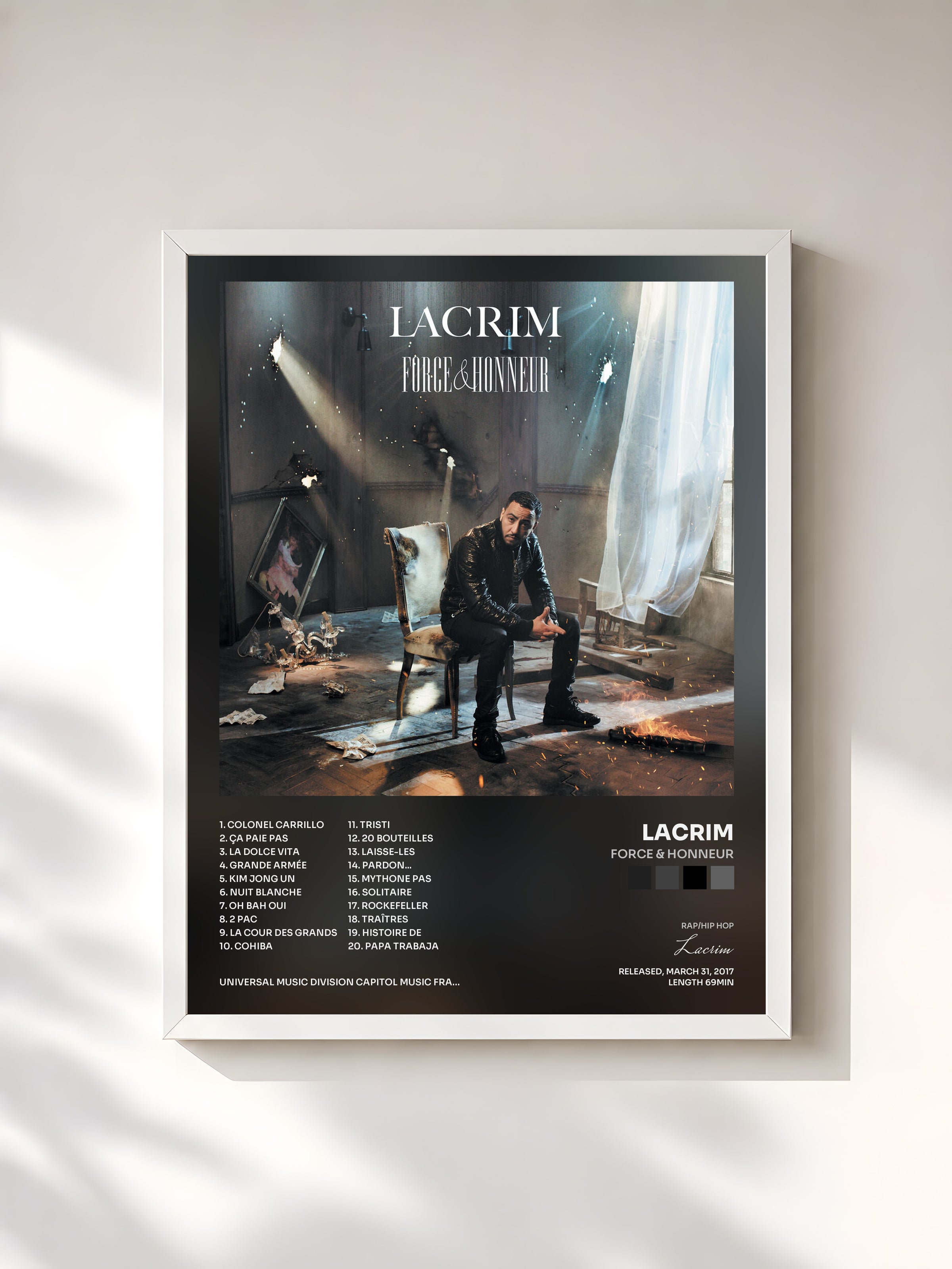 #blanc Tableau de l'album Force & Honneur de Lacrim, cadre blanc, imprimé et encadré en France