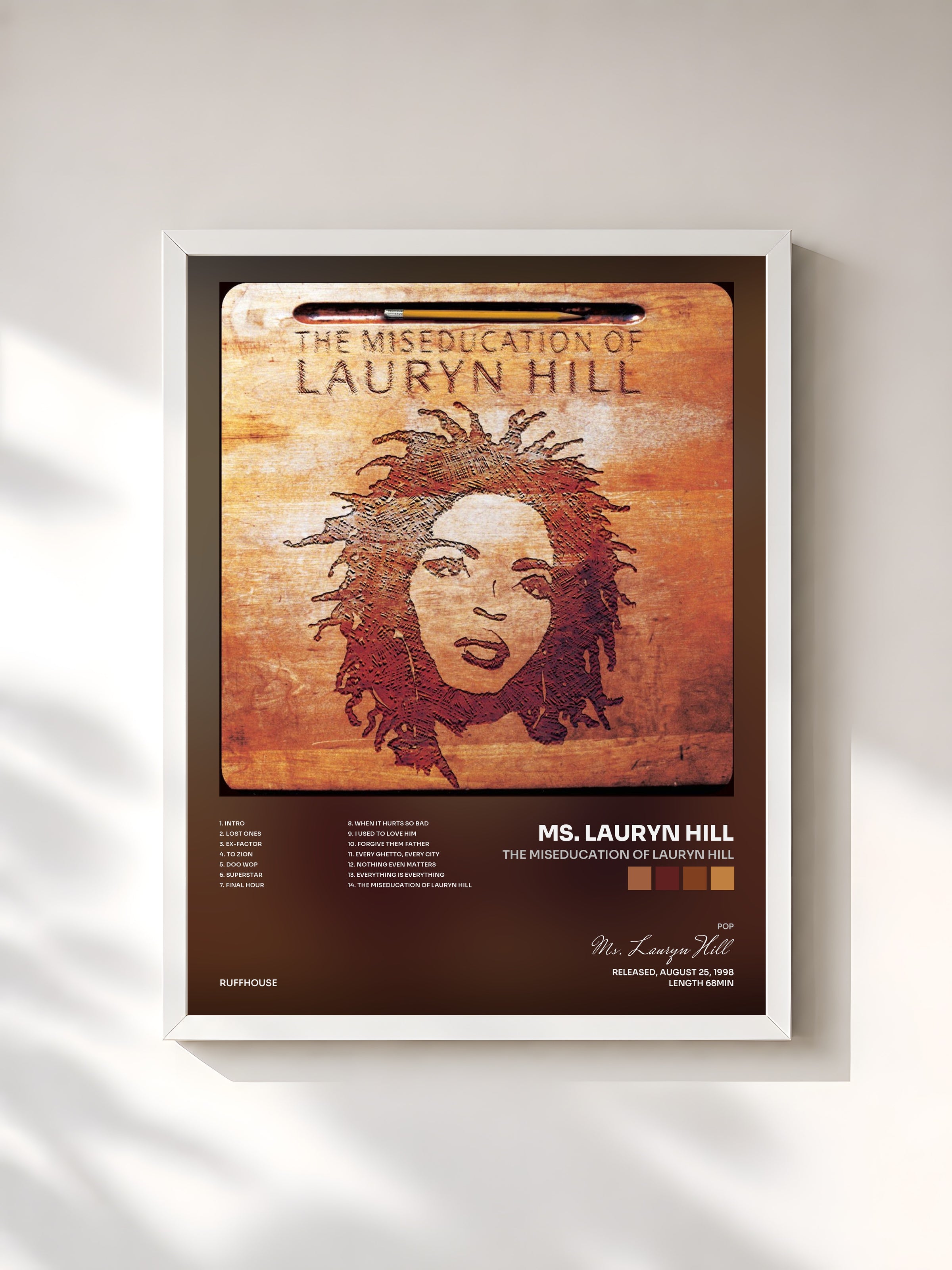 #blanc Tableau de l'album The Miseducation of Lauryn Hill de Ms. Lauryn Hill, cadre blanc, imprimé et encadré en France