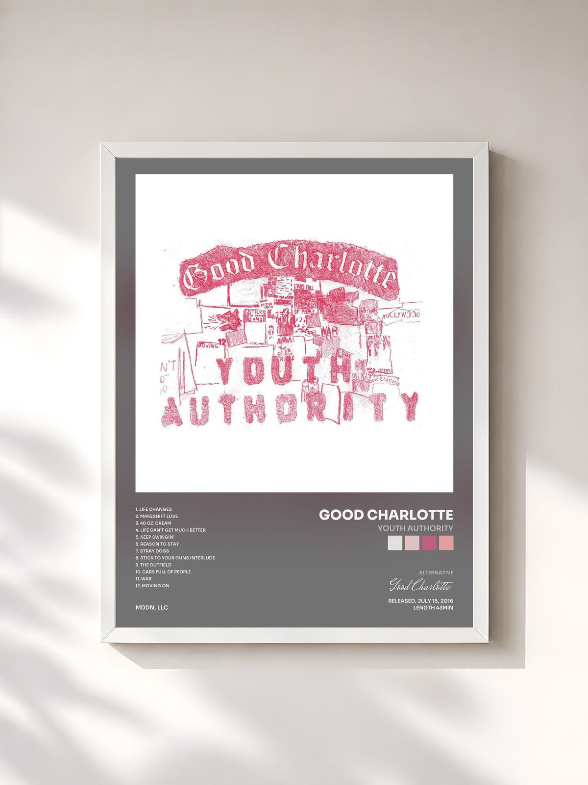 #blanc Youth Authority de Good Charlotte en lámina enmarcada, marco blanco, impresa y enmarcada en Francia