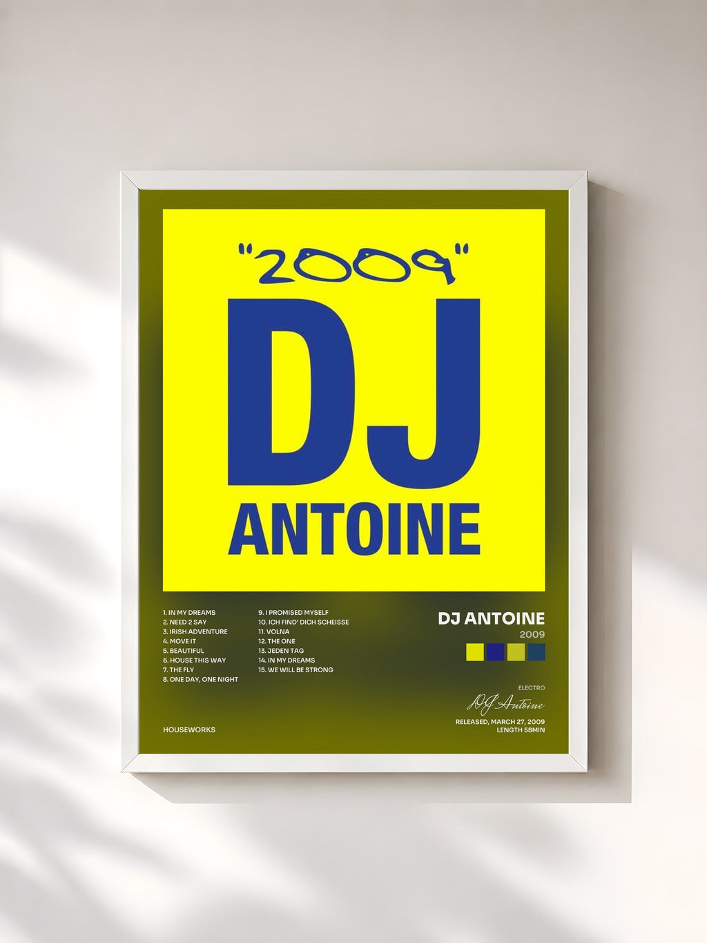 #blanc Tableau de l'album 2009 de DJ Antoine, cadre blanc, imprimé et encadré en France