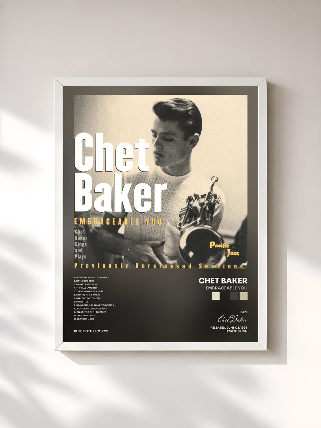 #blanc Tableau de l'album Embraceable You de Chet Baker, cadre blanc, imprimé et encadré en France