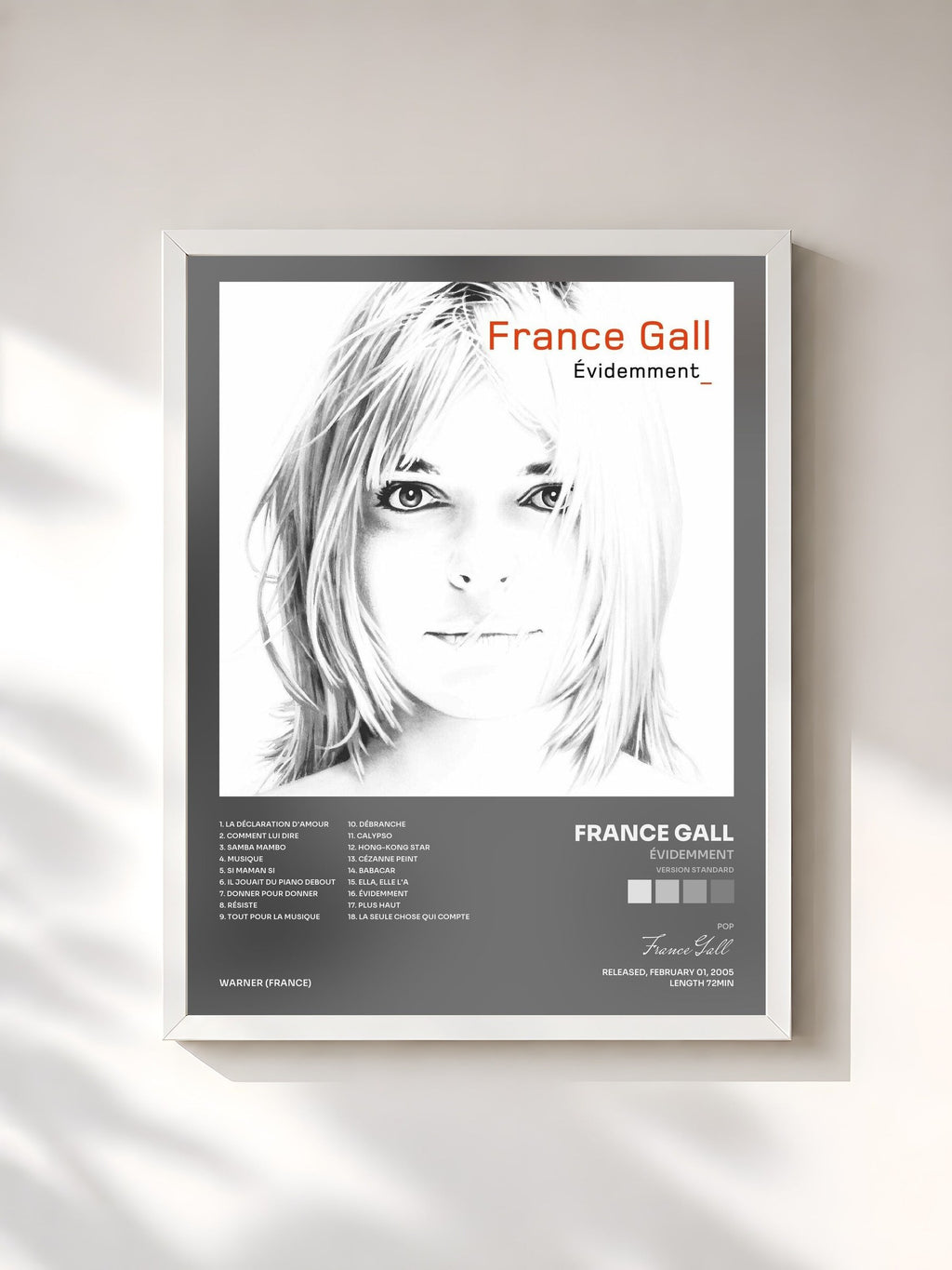 #blanc Évidemment (Version standard) de France Gall en lámina enmarcada, marco blanco, impresa y enmarcada en Francia